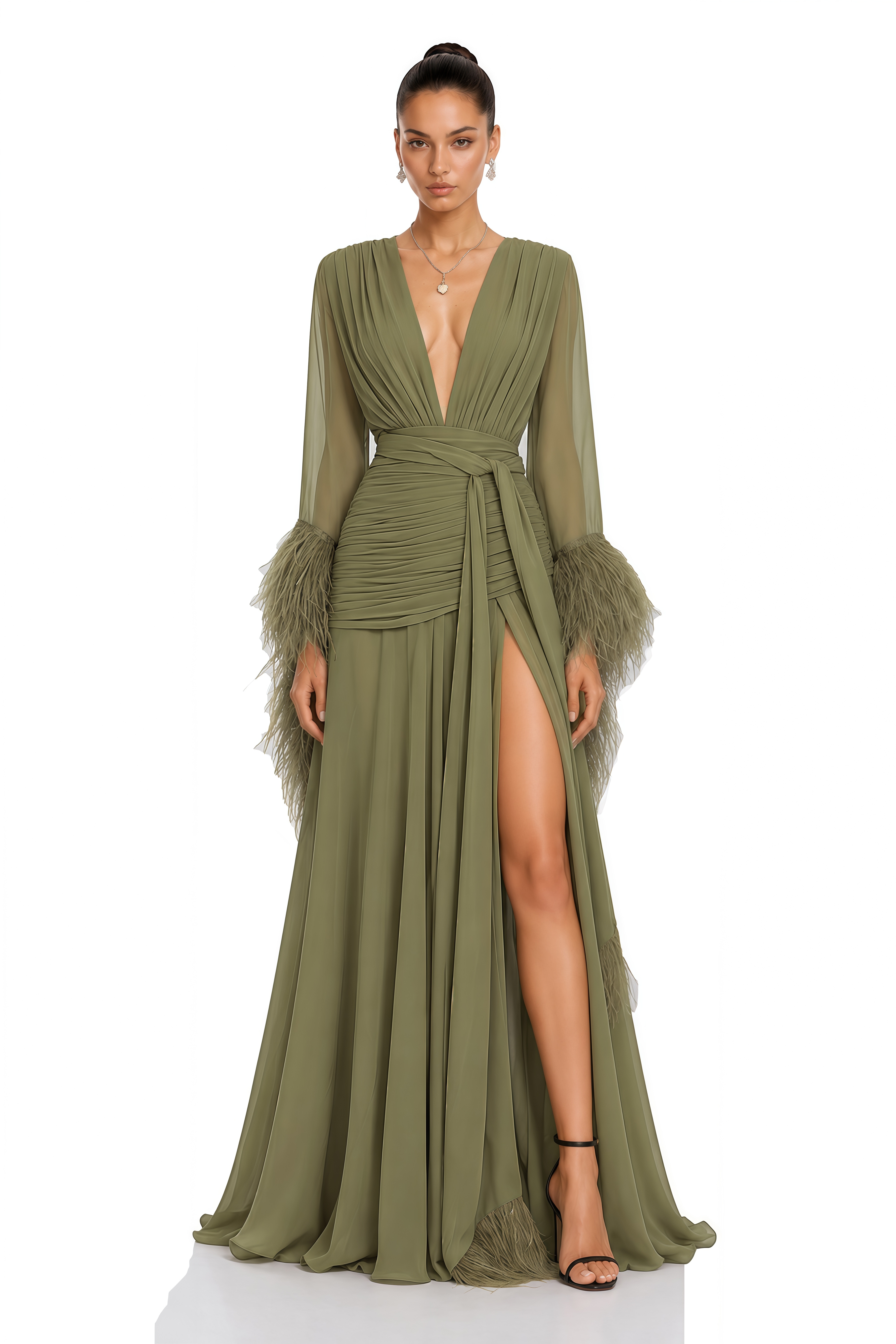 Daisy Olive Green Feather Cuff Draped Maxi Dress