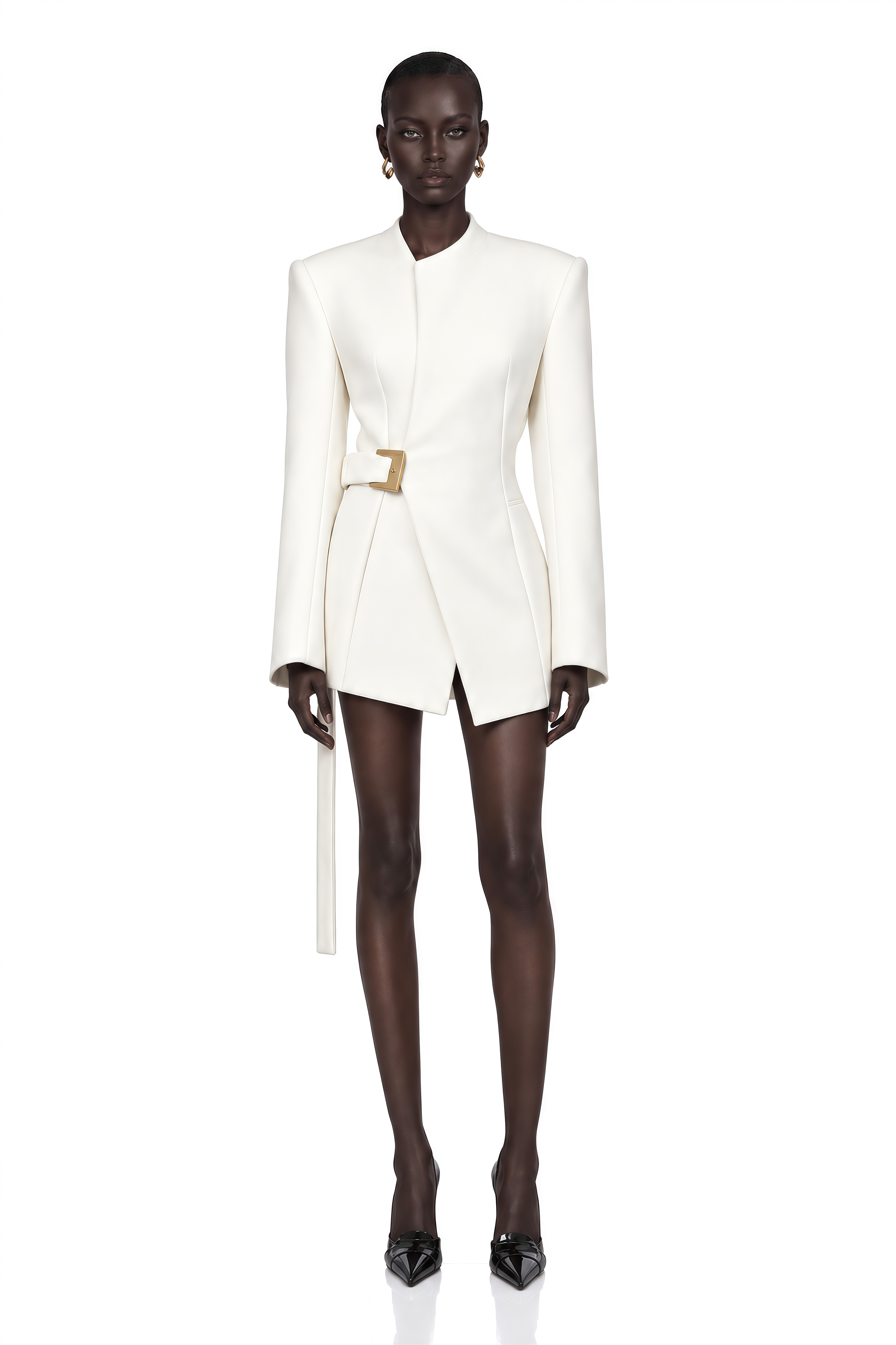 Daleyza White Asymmetrical Hem Belted Blazer Jacket