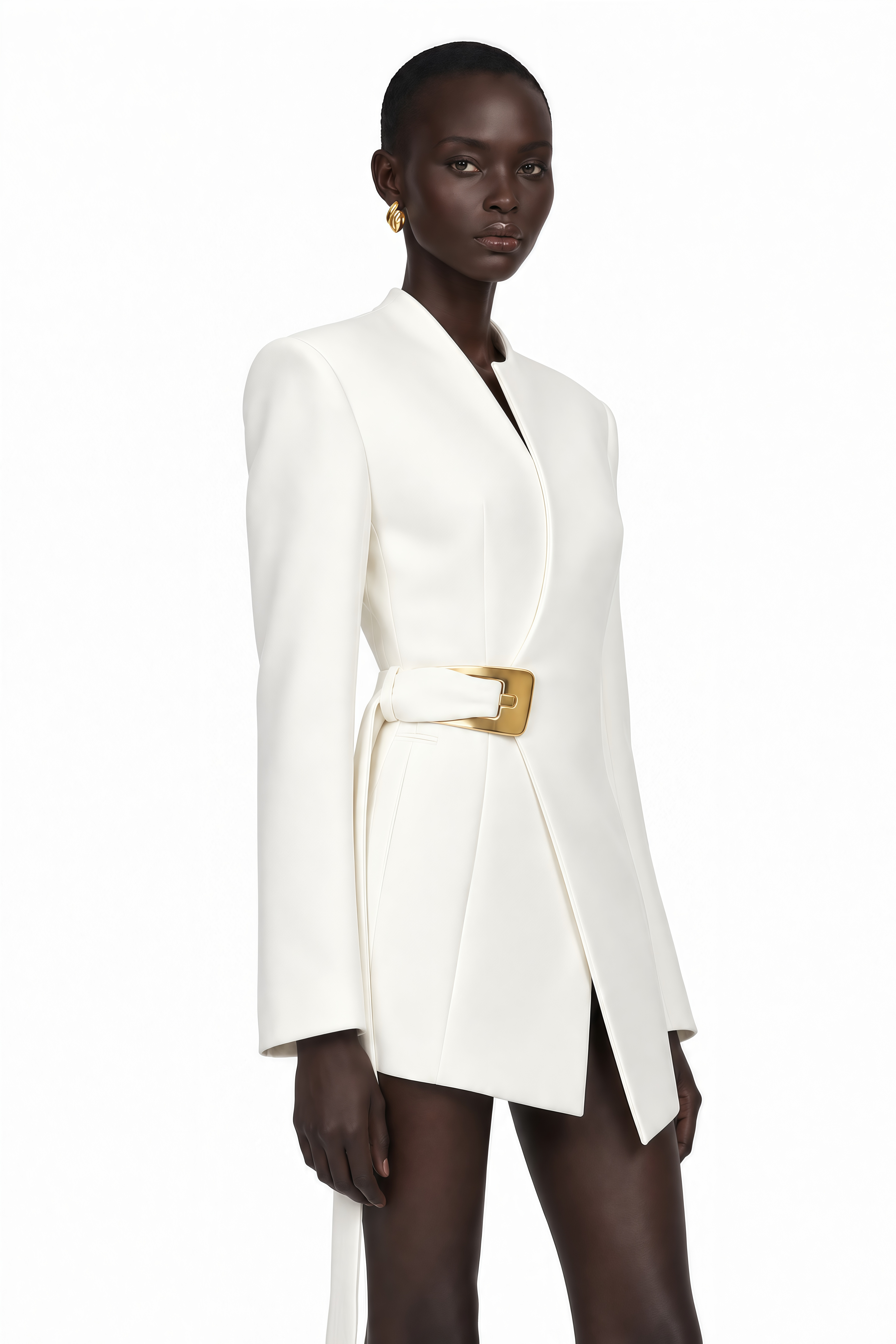 Daleyza White Asymmetrical Hem Belted Blazer Jacket