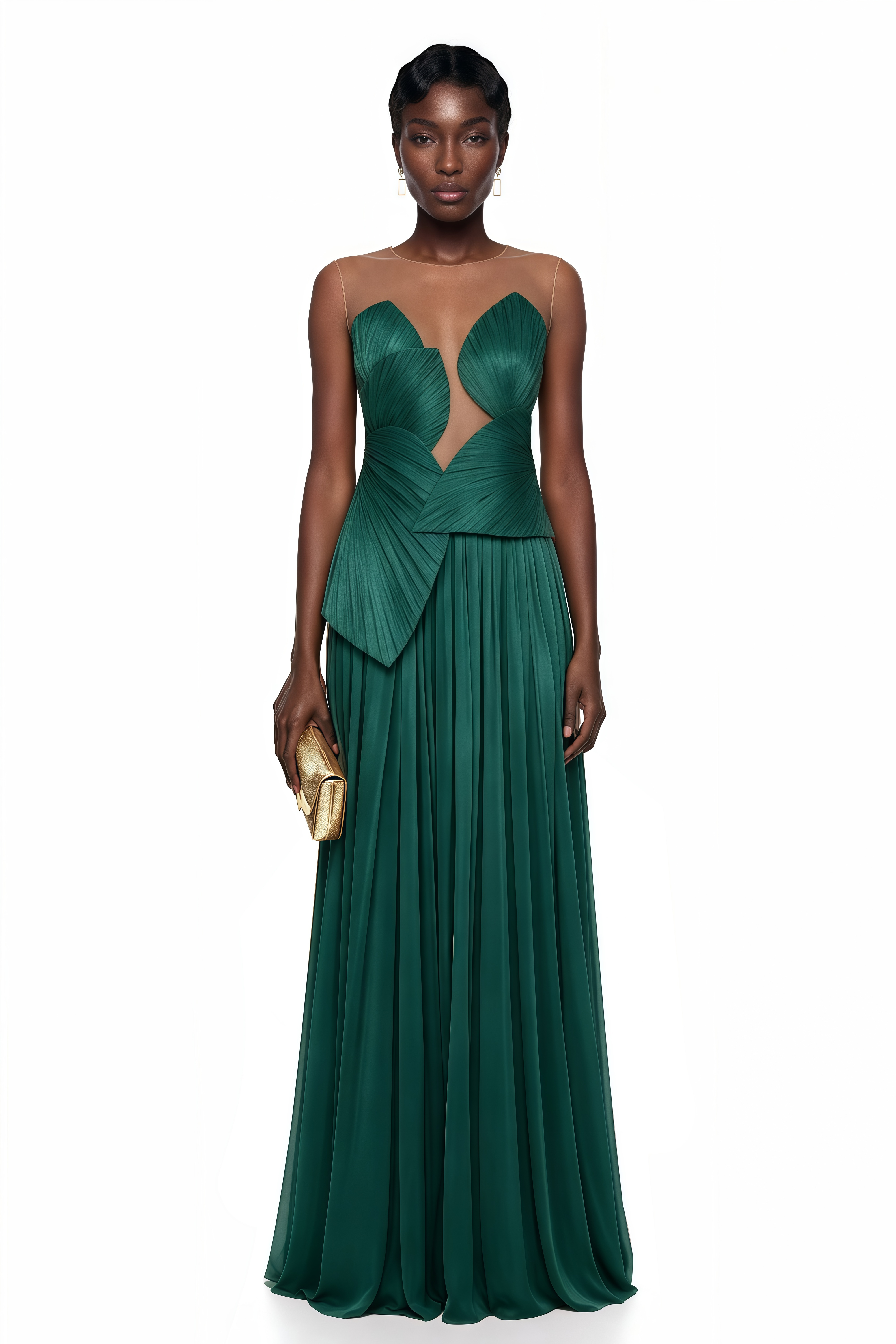 Emerald green pleated maxi dress featuring a structured geometric bodice with a sheer mesh illusion neckline