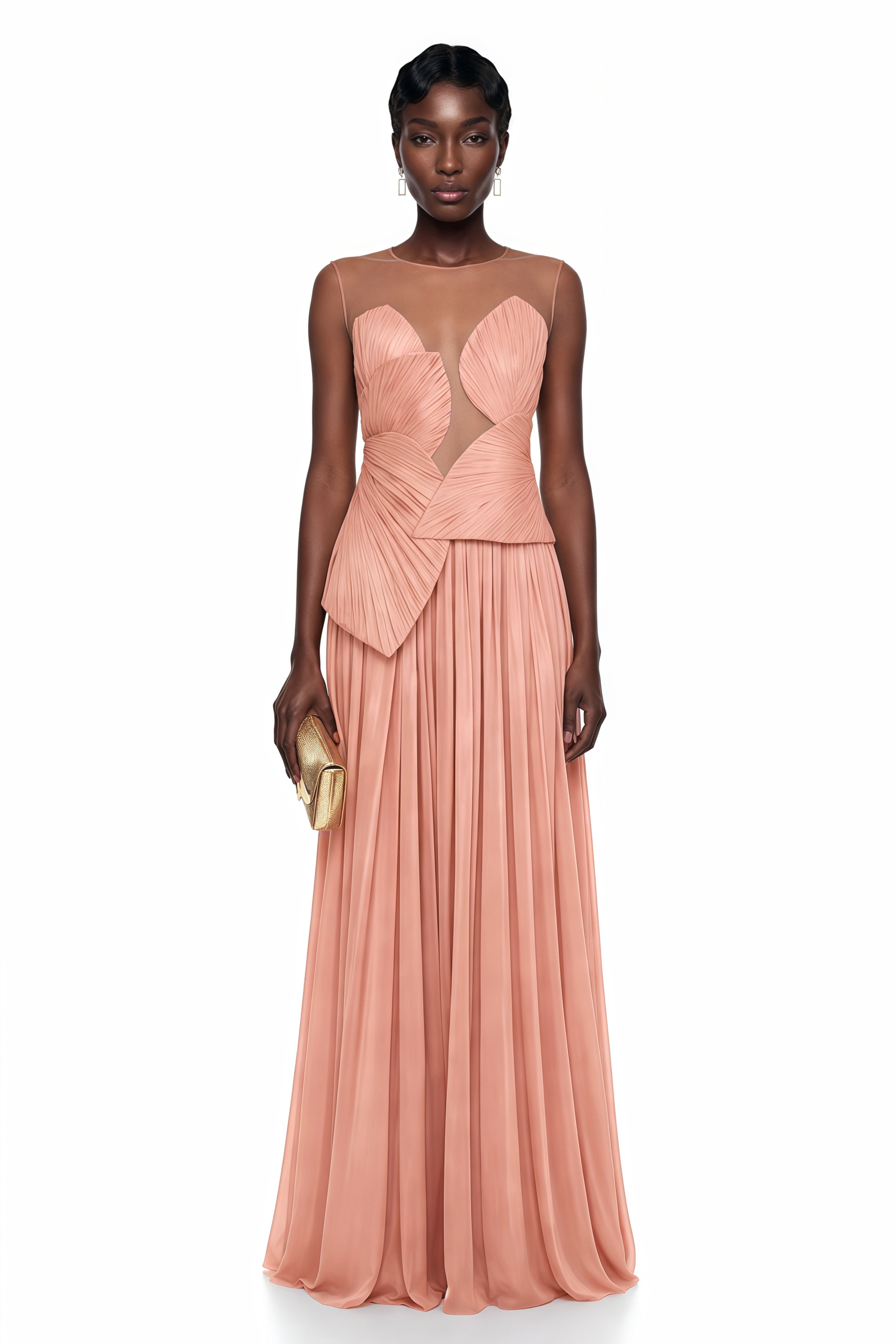 Dusty rose pleated maxi dress featuring a structured geometric bodice with a sheer mesh illusion neckline