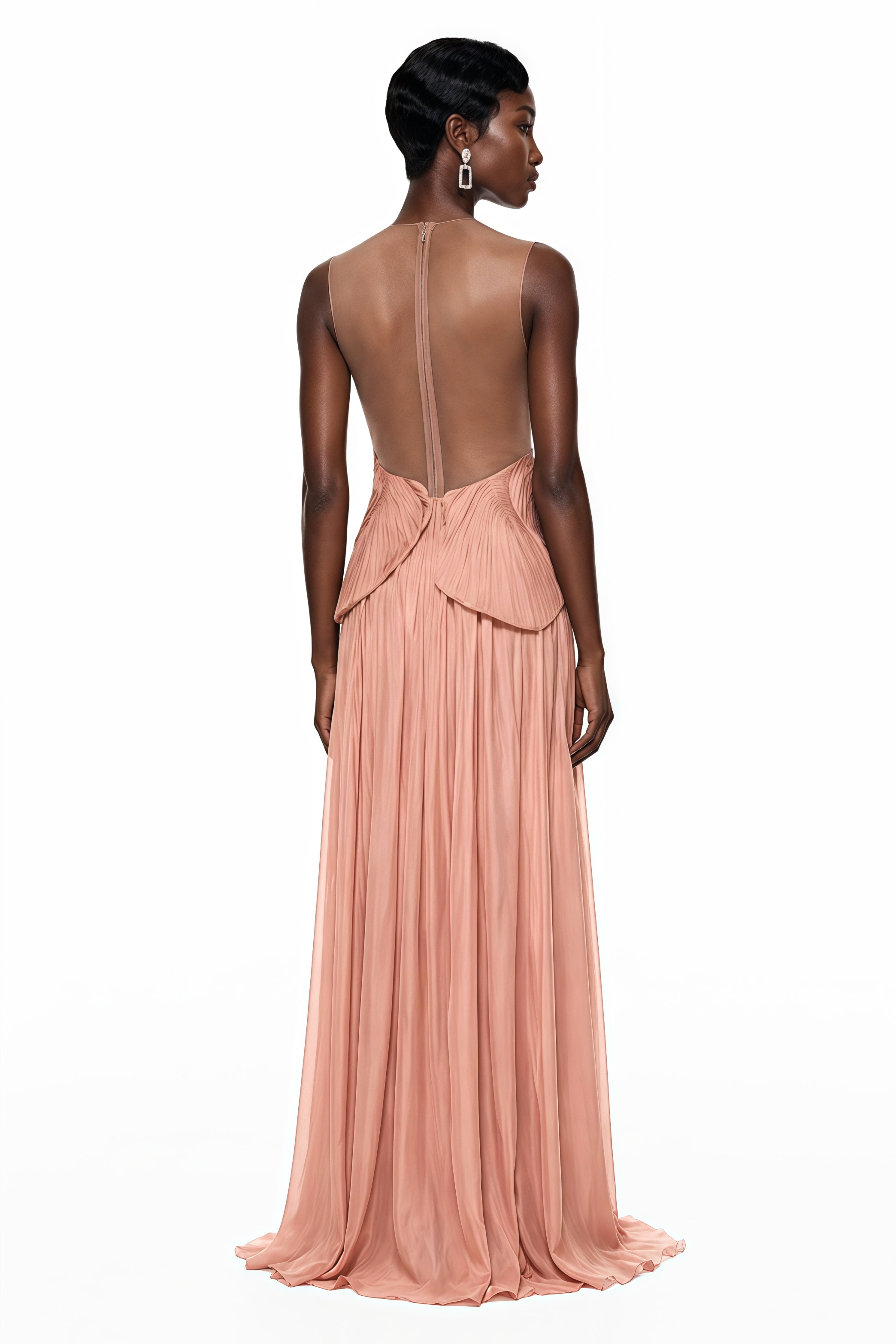 Dusty rose pleated maxi dress featuring a structured geometric bodice with a sheer mesh illusion neckline