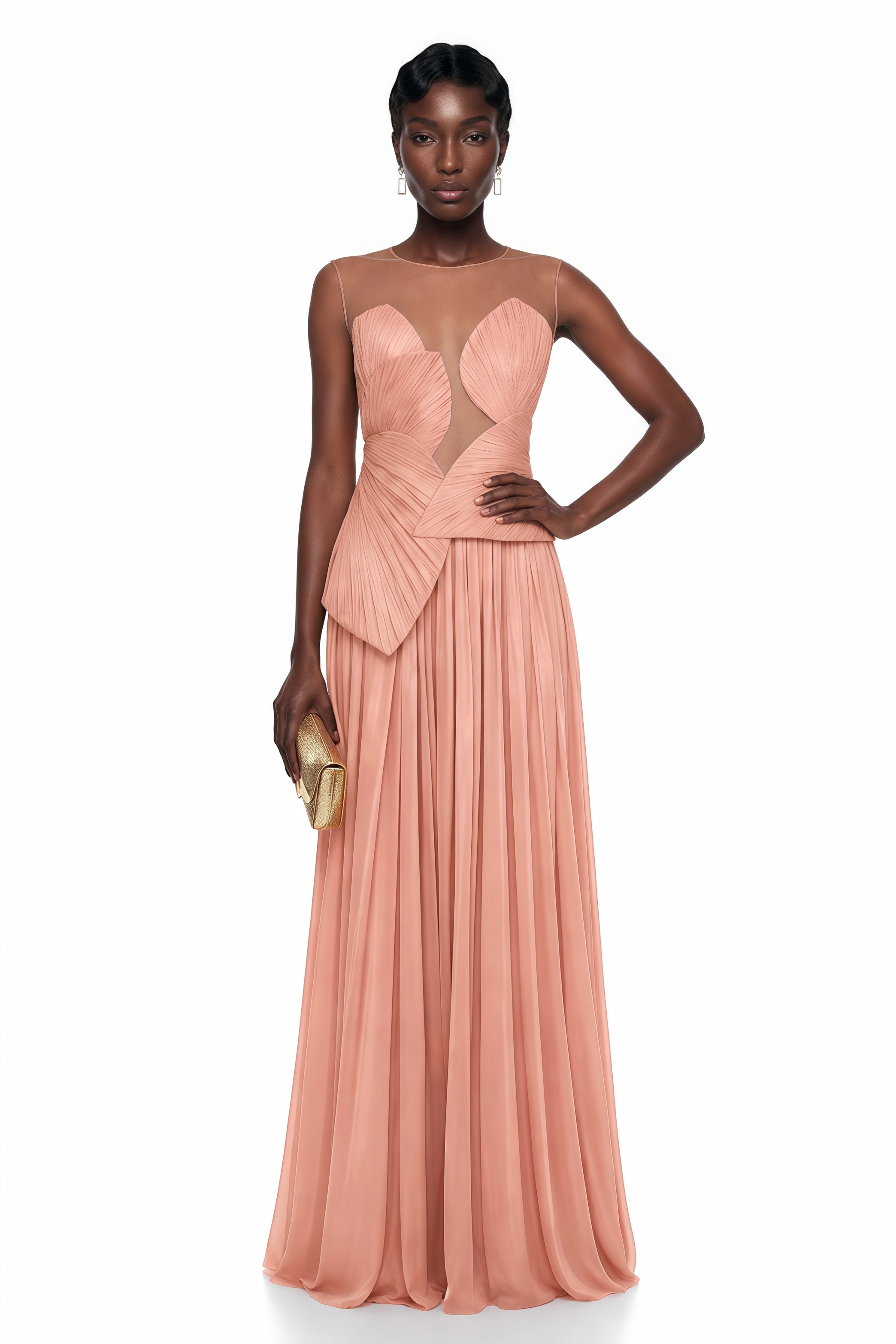 Dusty rose pleated maxi dress featuring a structured geometric bodice with a sheer mesh illusion neckline