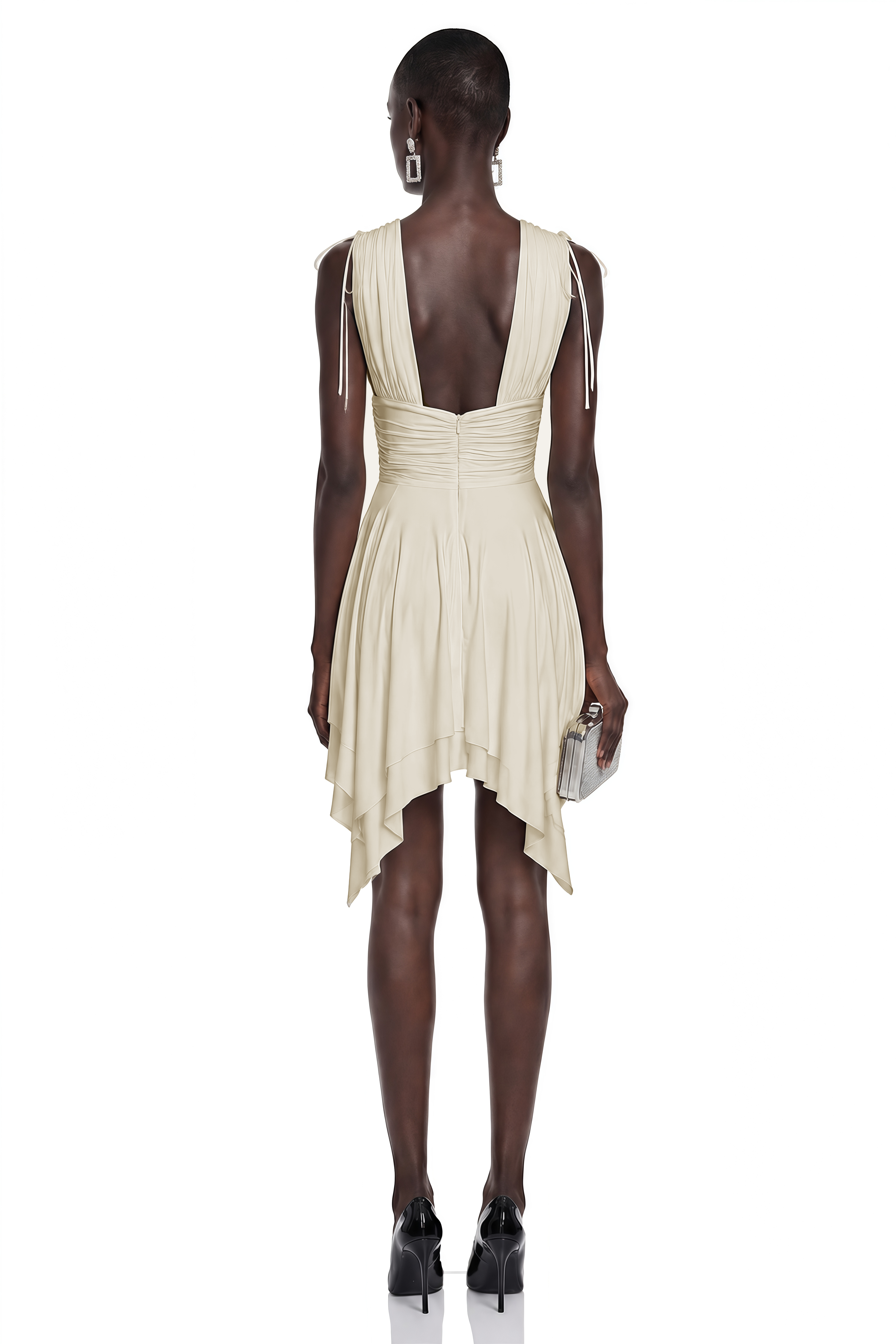 Cream plunging v-neck mini dress with a wrapped waistband and asymmetrical hem