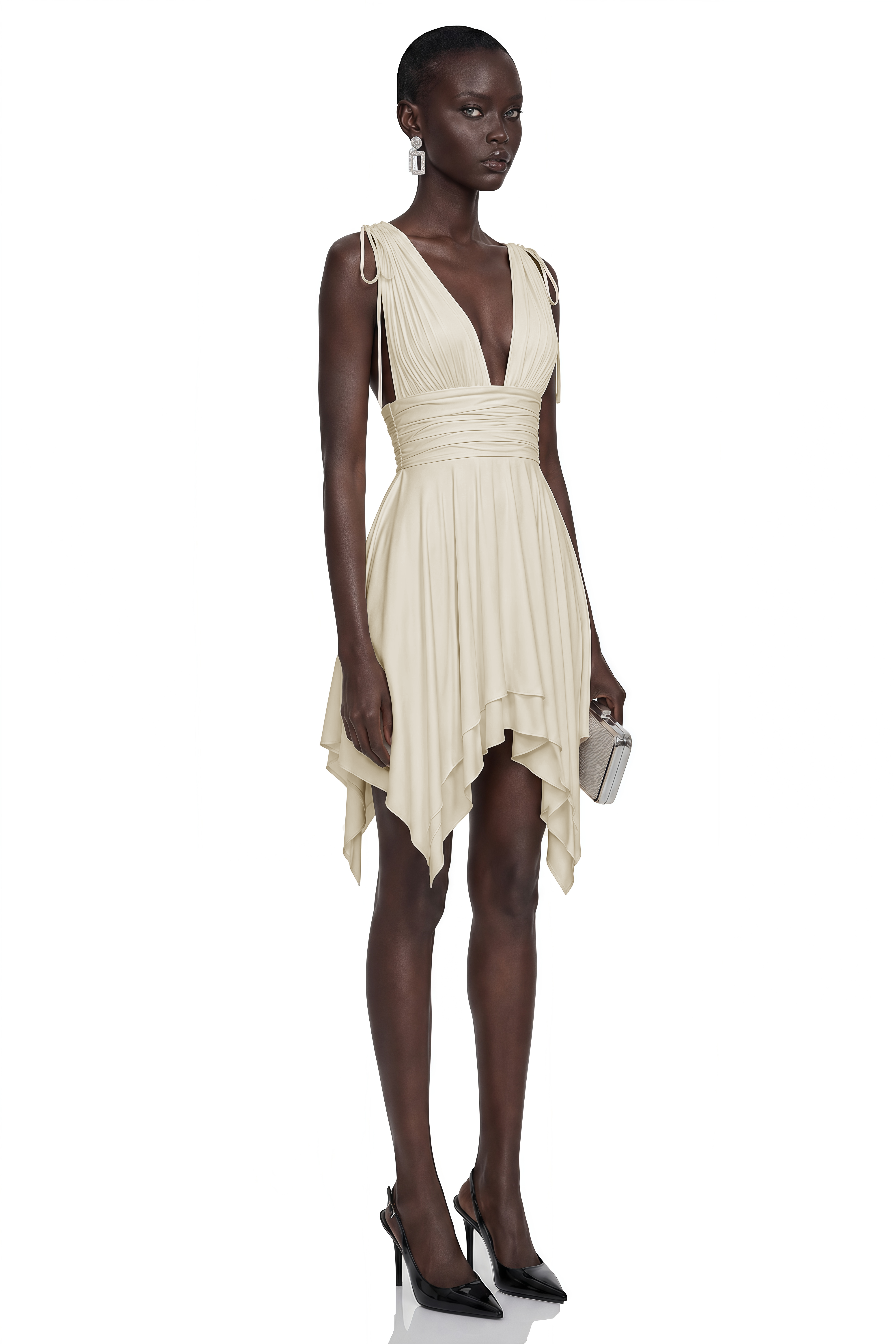 Cream plunging v-neck mini dress with a wrapped waistband and asymmetrical hem
