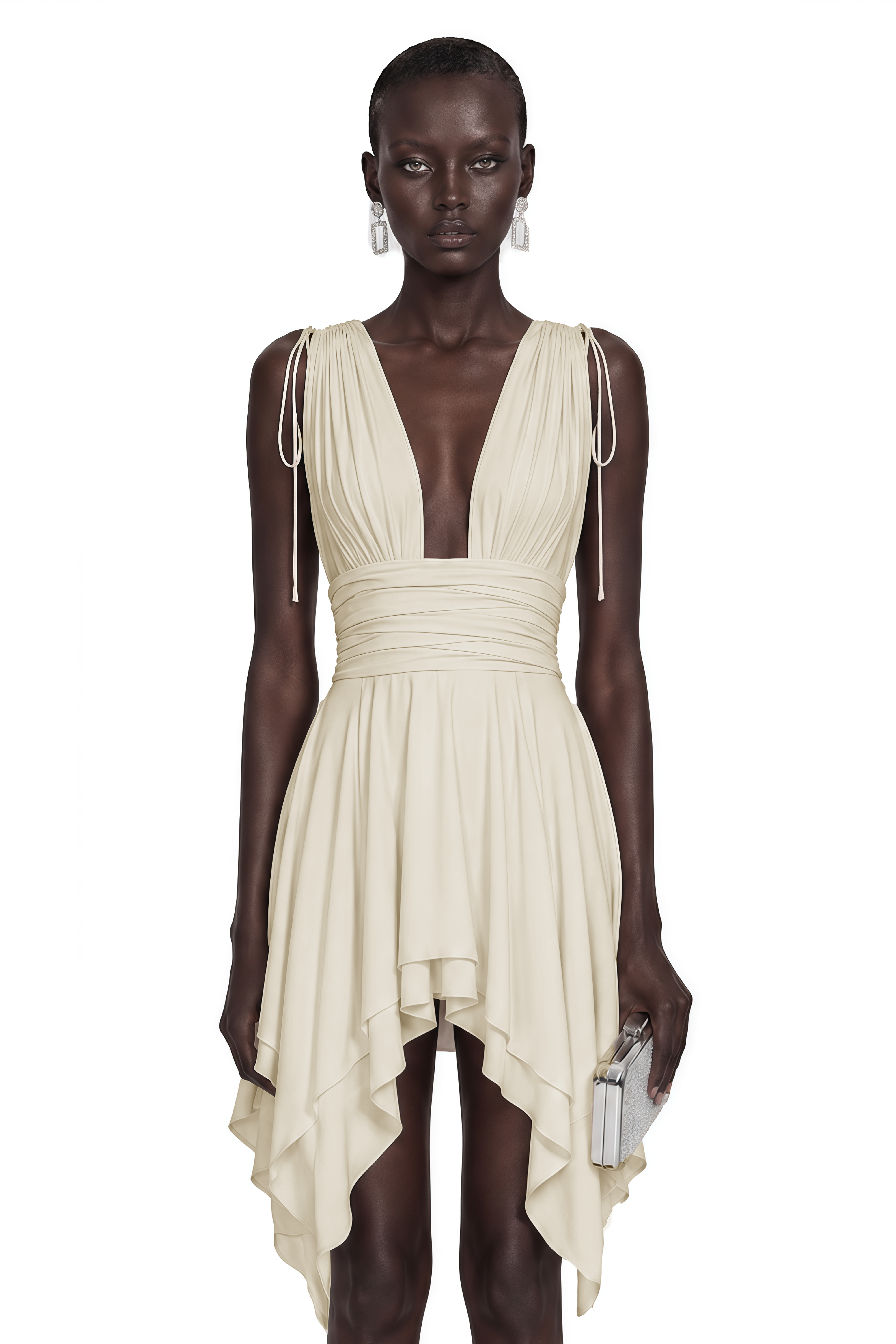 Cream plunging v-neck mini dress with a wrapped waistband and asymmetrical hem