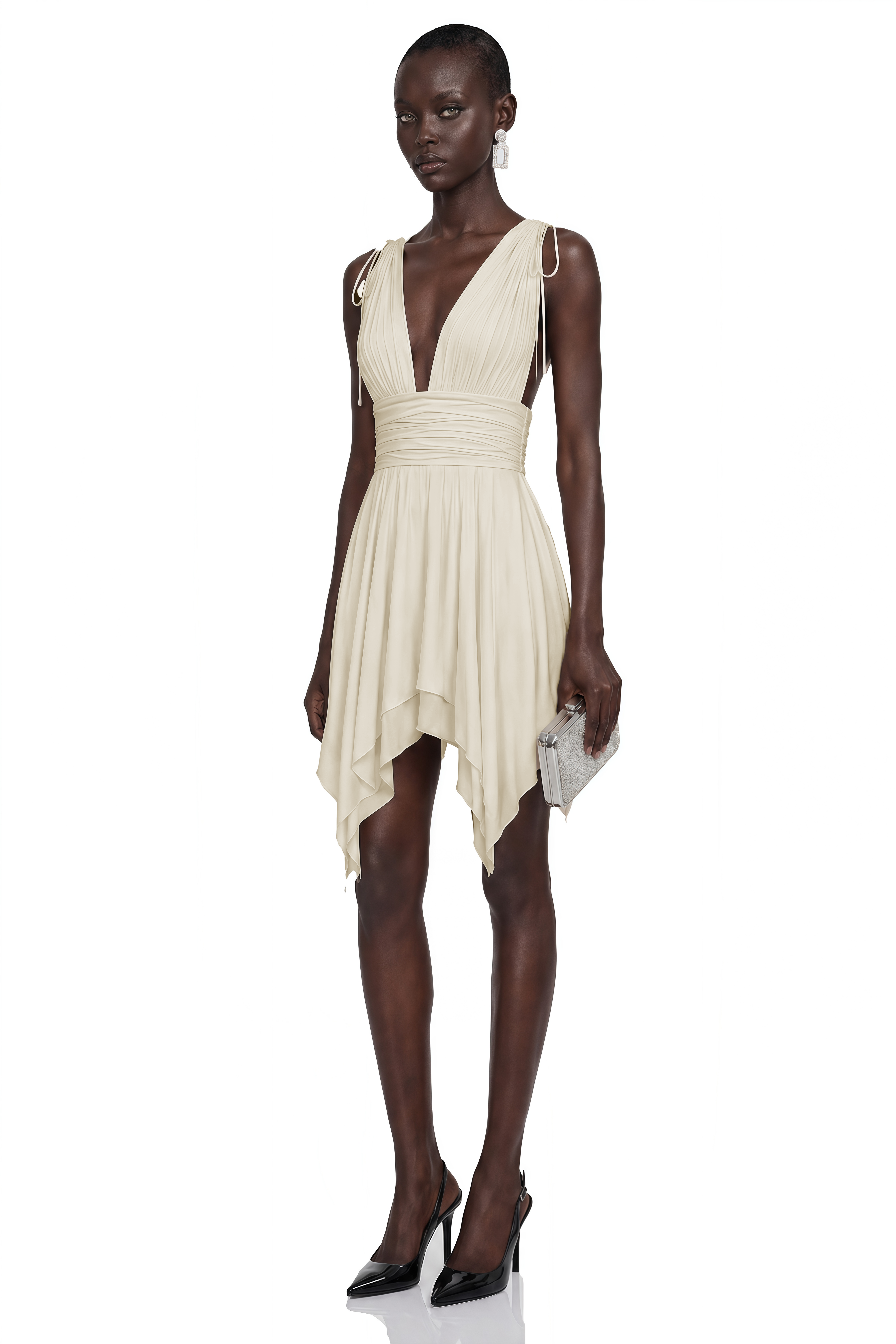 Cream plunging v-neck mini dress with a wrapped waistband and asymmetrical hem