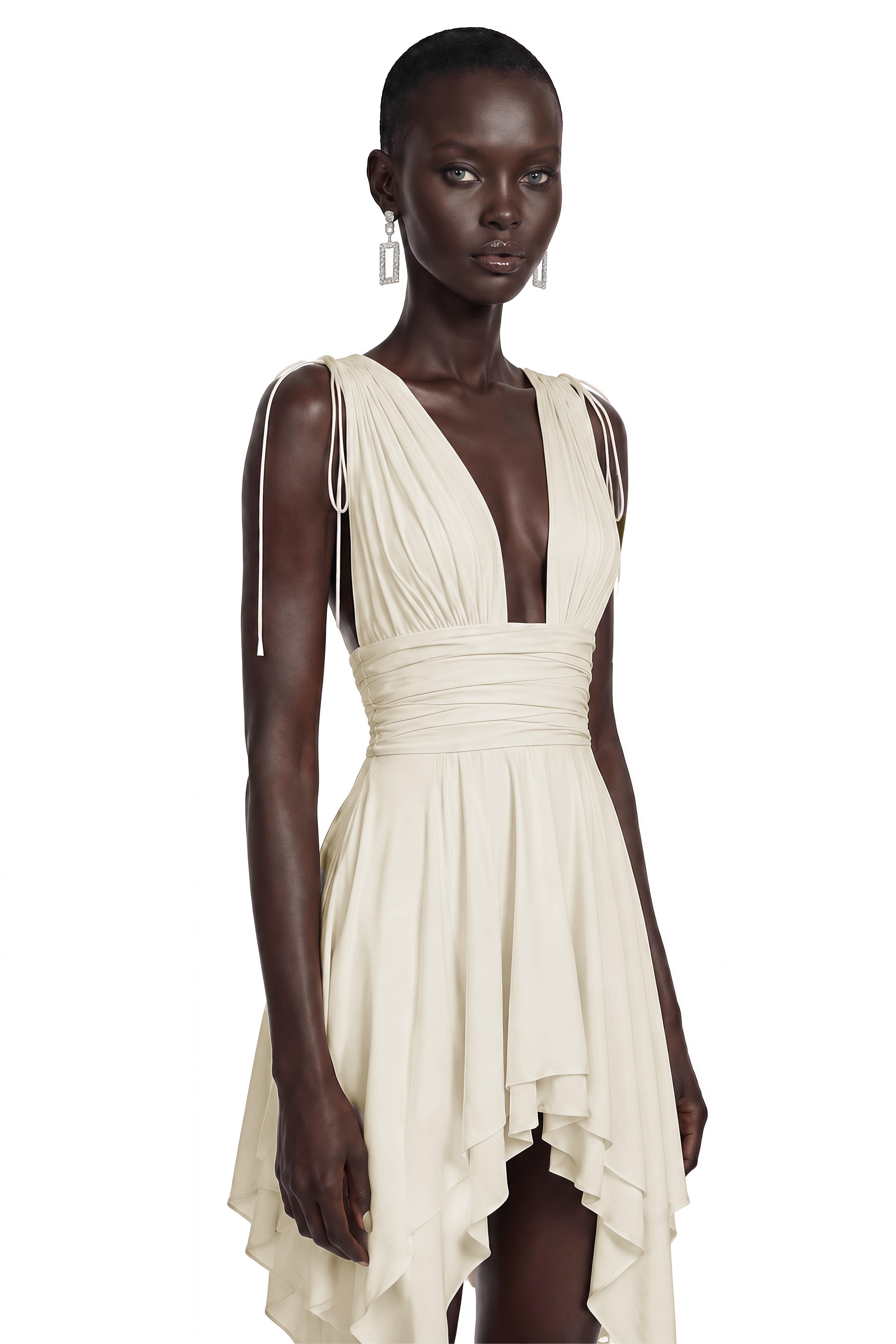 Cream plunging v-neck mini dress with a wrapped waistband and asymmetrical hem
