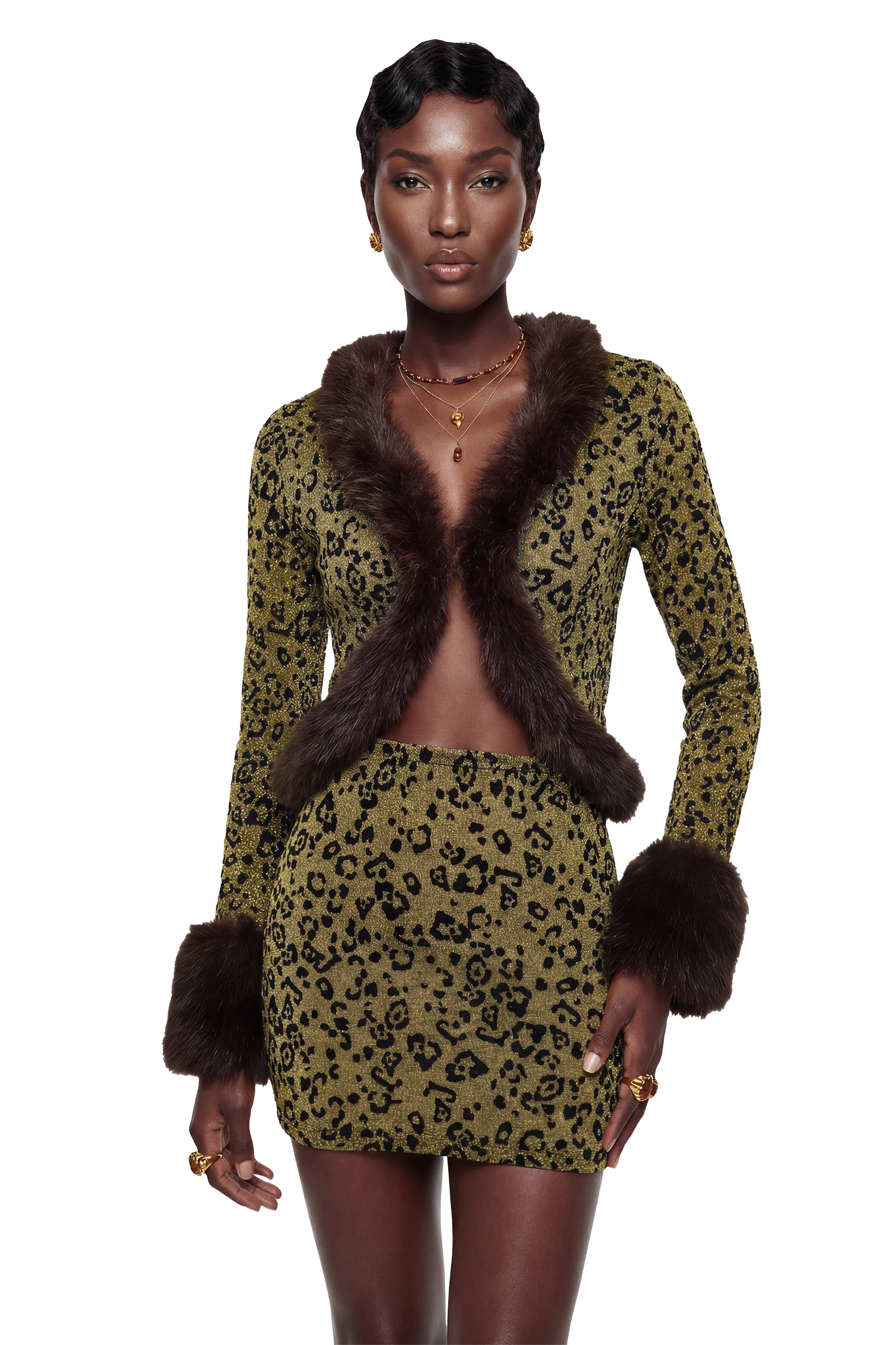 Danica Yellow Fur Trim Leopard Top & Skirt Set