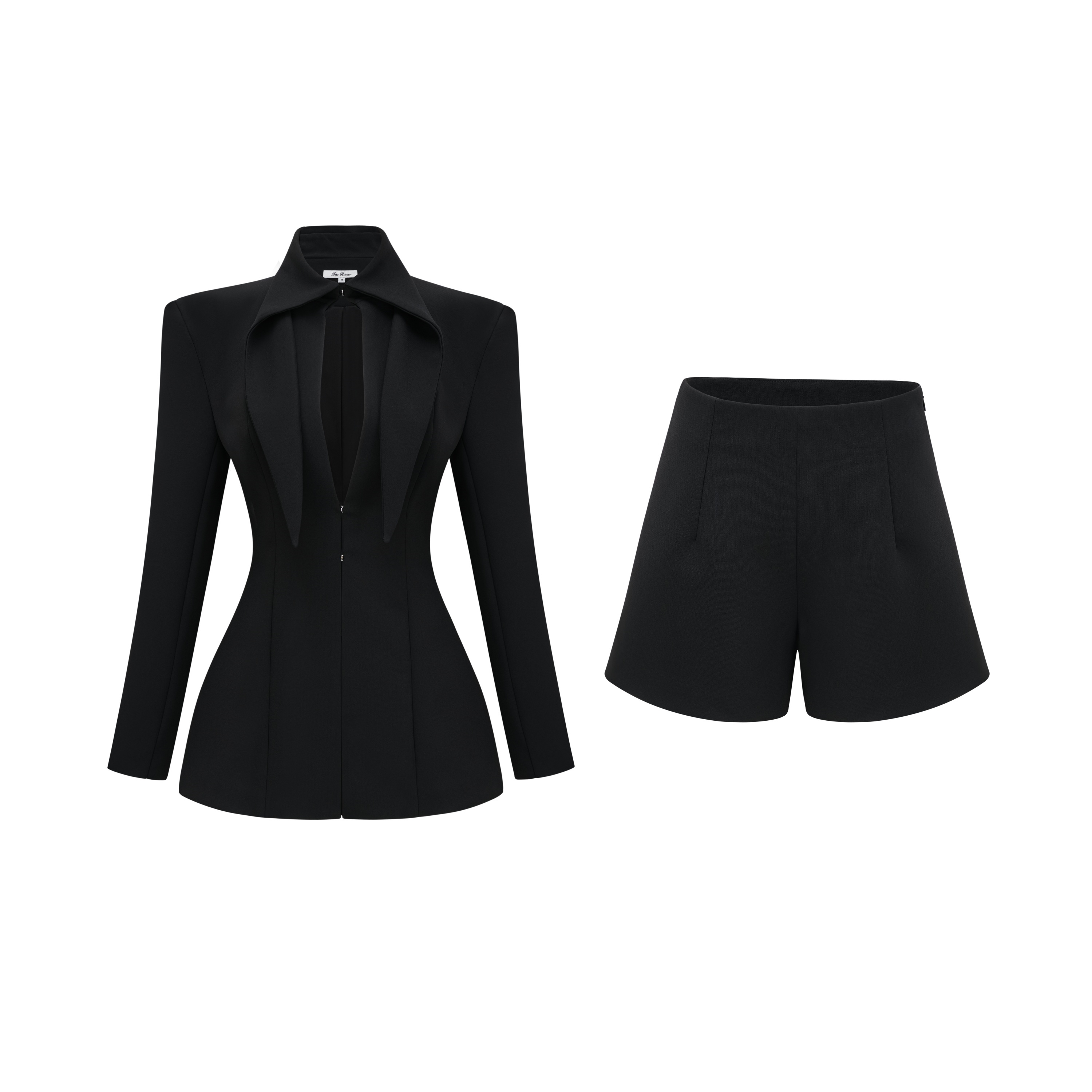 Darcy Black Power Shoulder Blazer & Shorts Set with Wingtip Collar