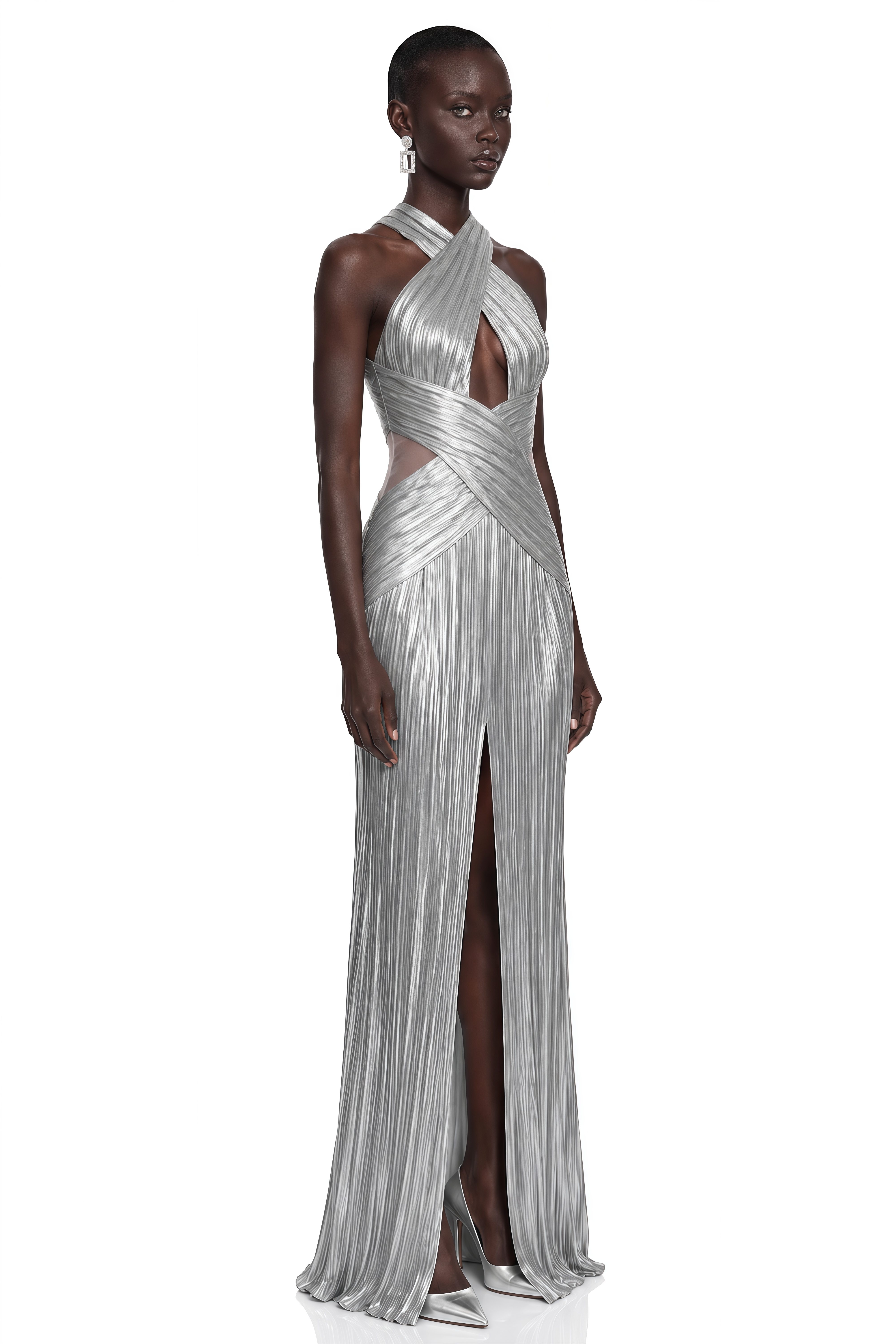 Darcy Silver Metallic Ruched Halterneck Maxi Dress