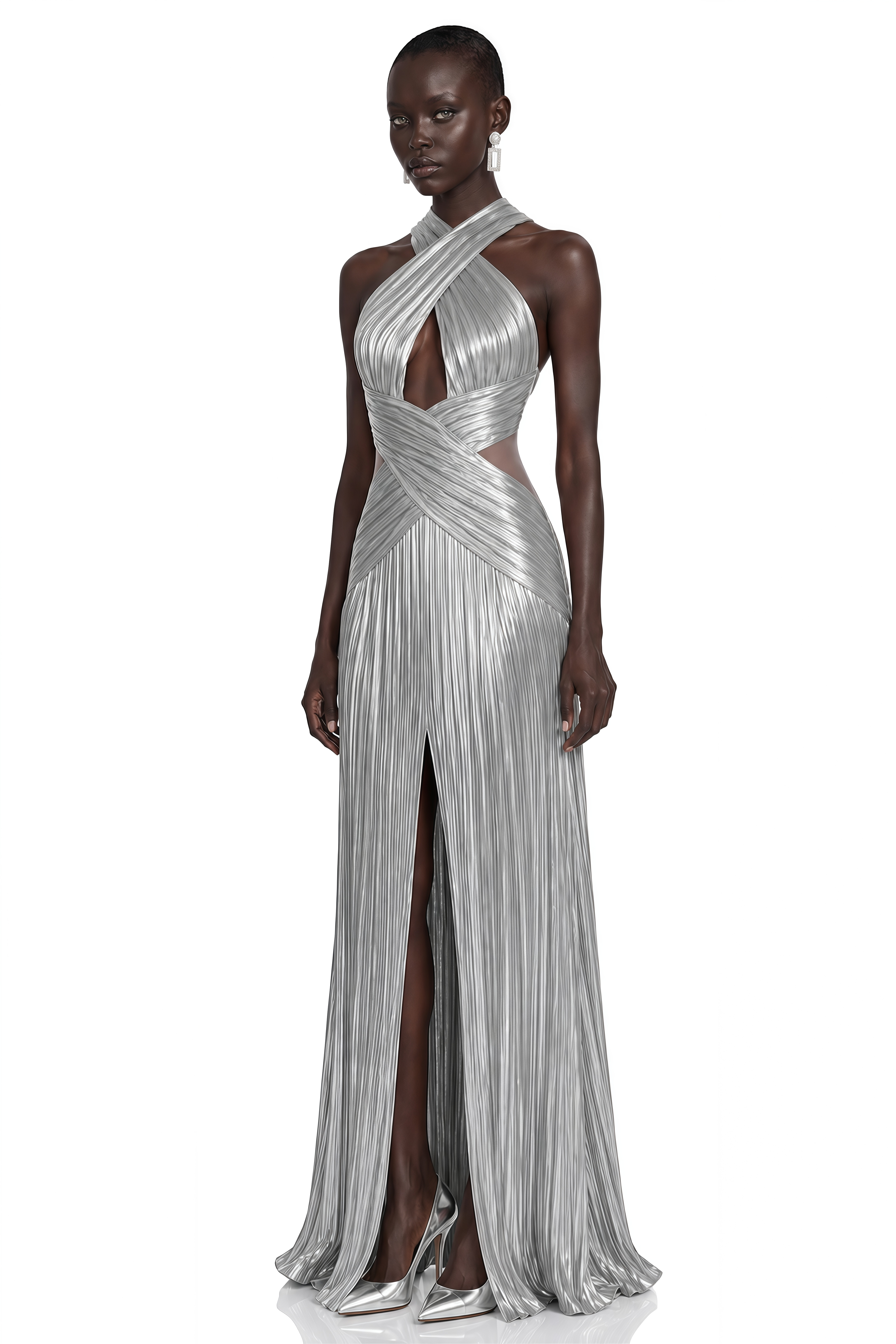 Darcy Silver Metallic Ruched Halterneck Maxi Dress