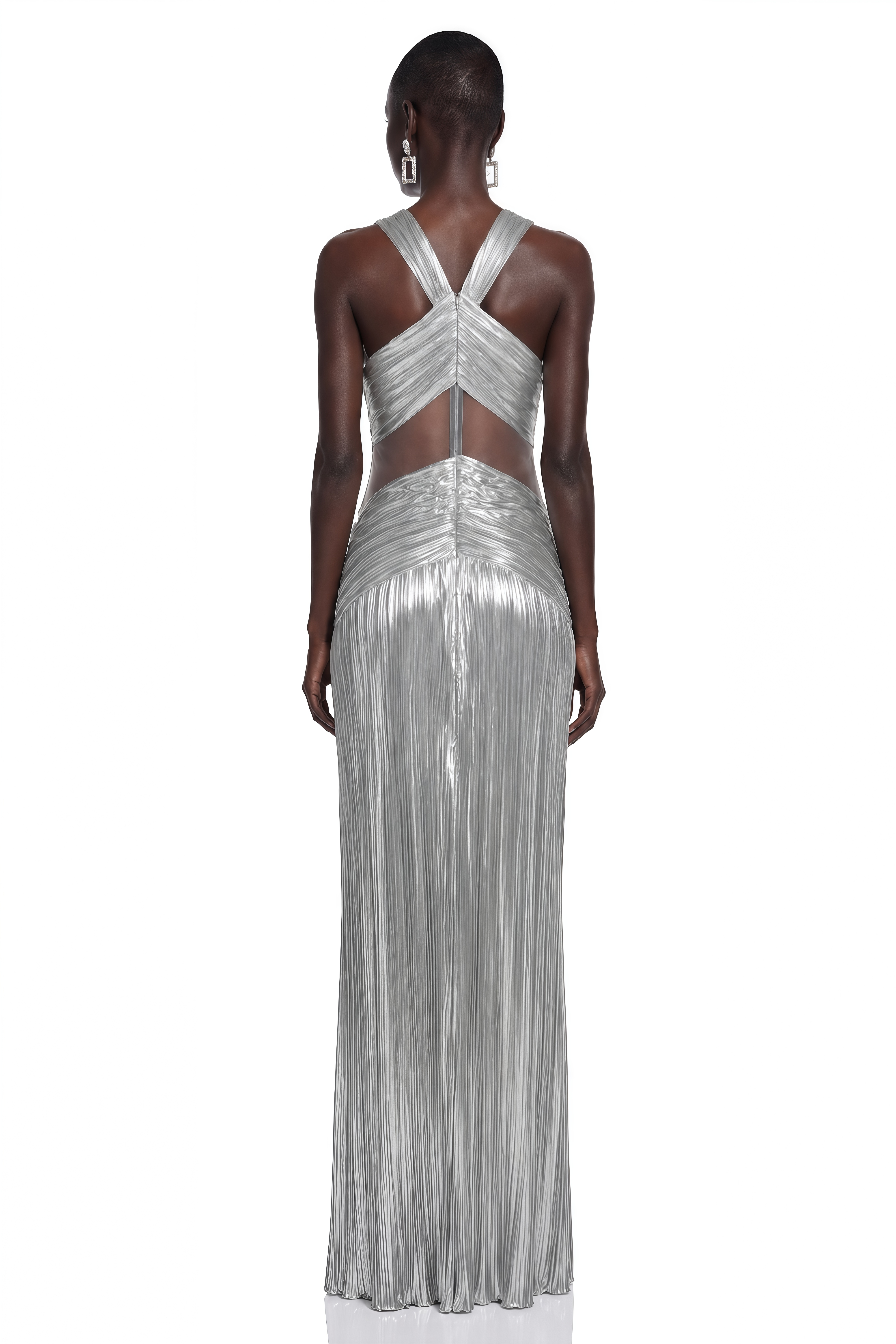 Darcy Silver Metallic Ruched Halterneck Maxi Dress
