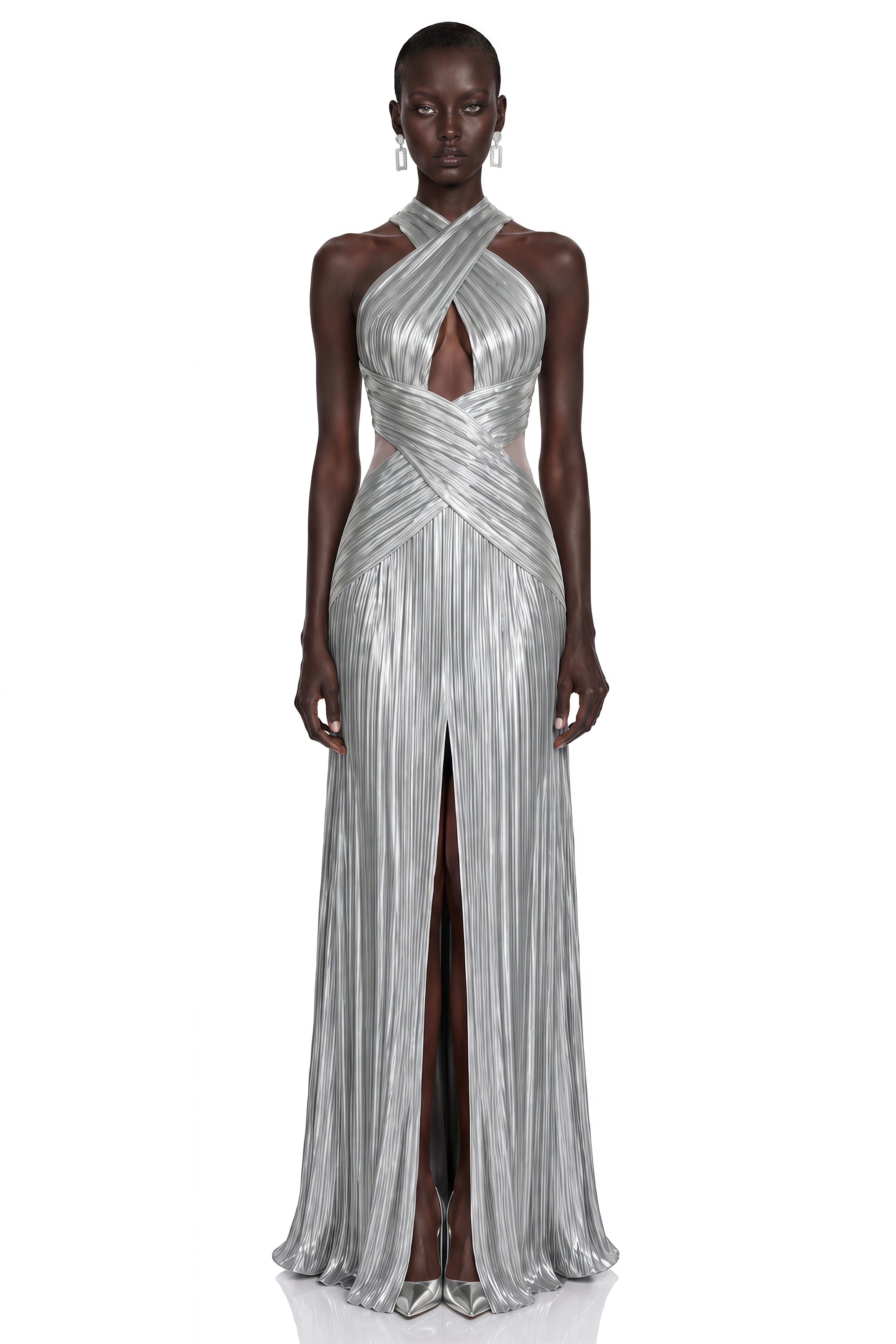 Darcy Silver Metallic Ruched Halterneck Maxi Dress