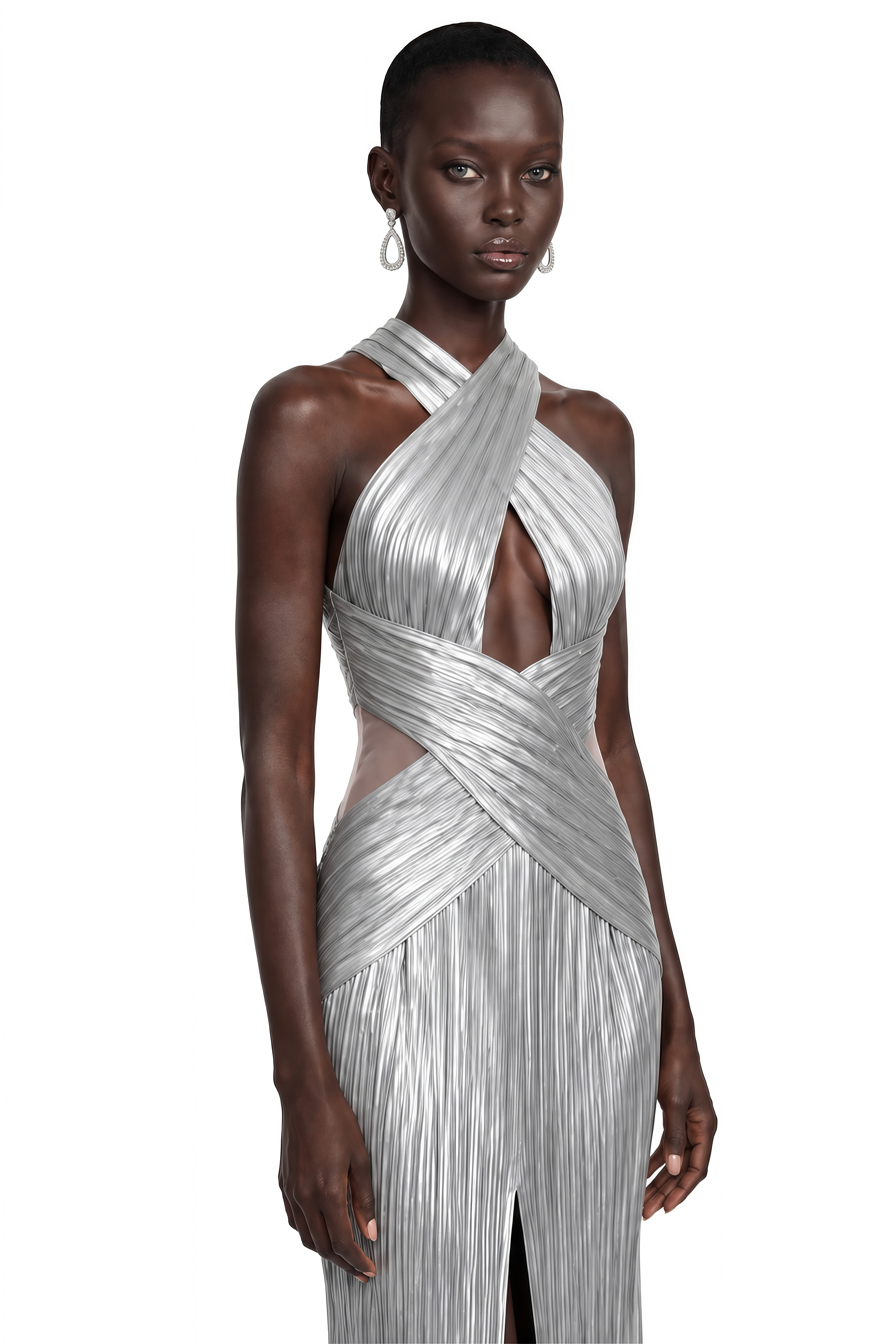 Darcy Silver Metallic Ruched Halterneck Maxi Dress