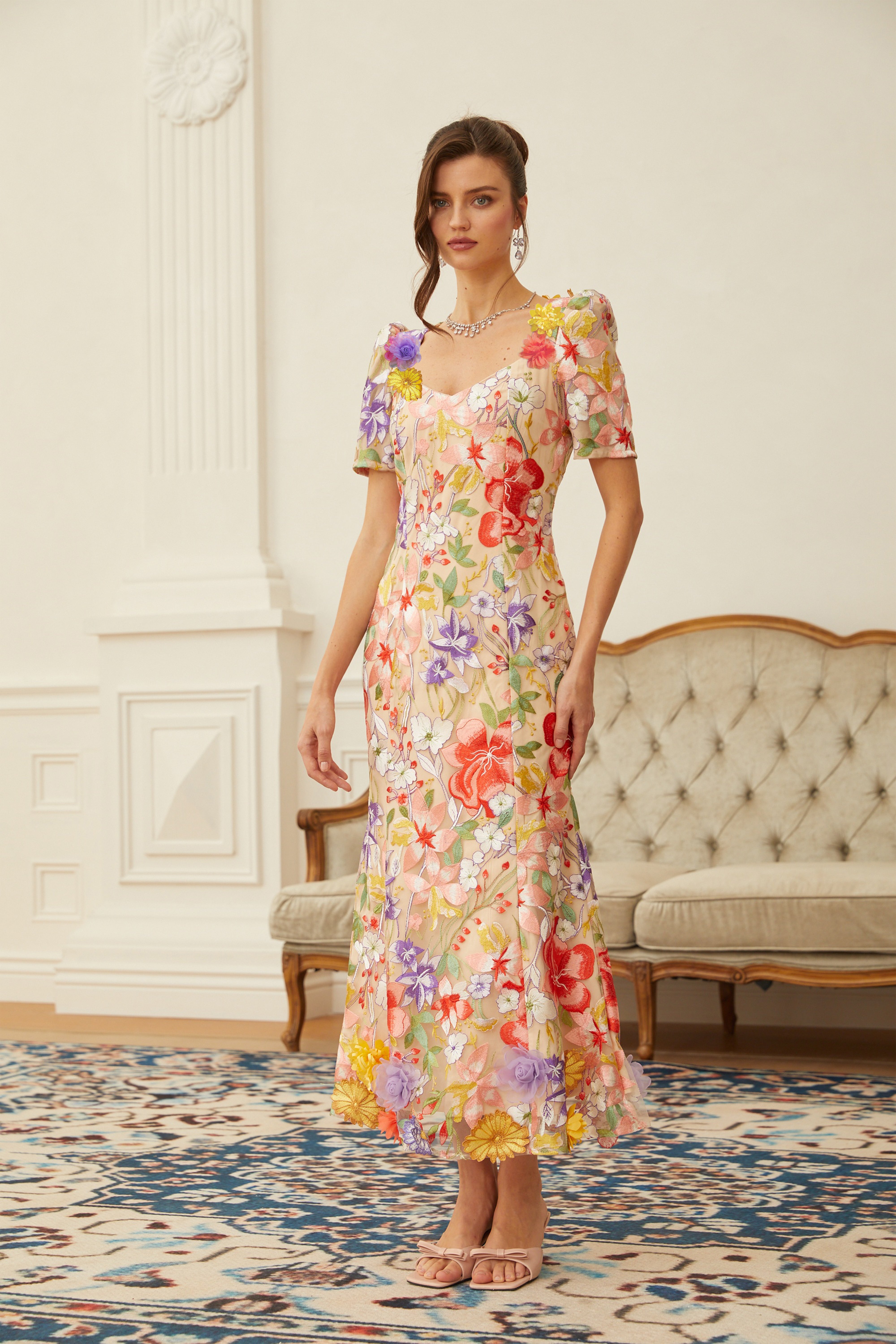 Beige midi dress with puff sleeves and vibrant 3D floral embroidery