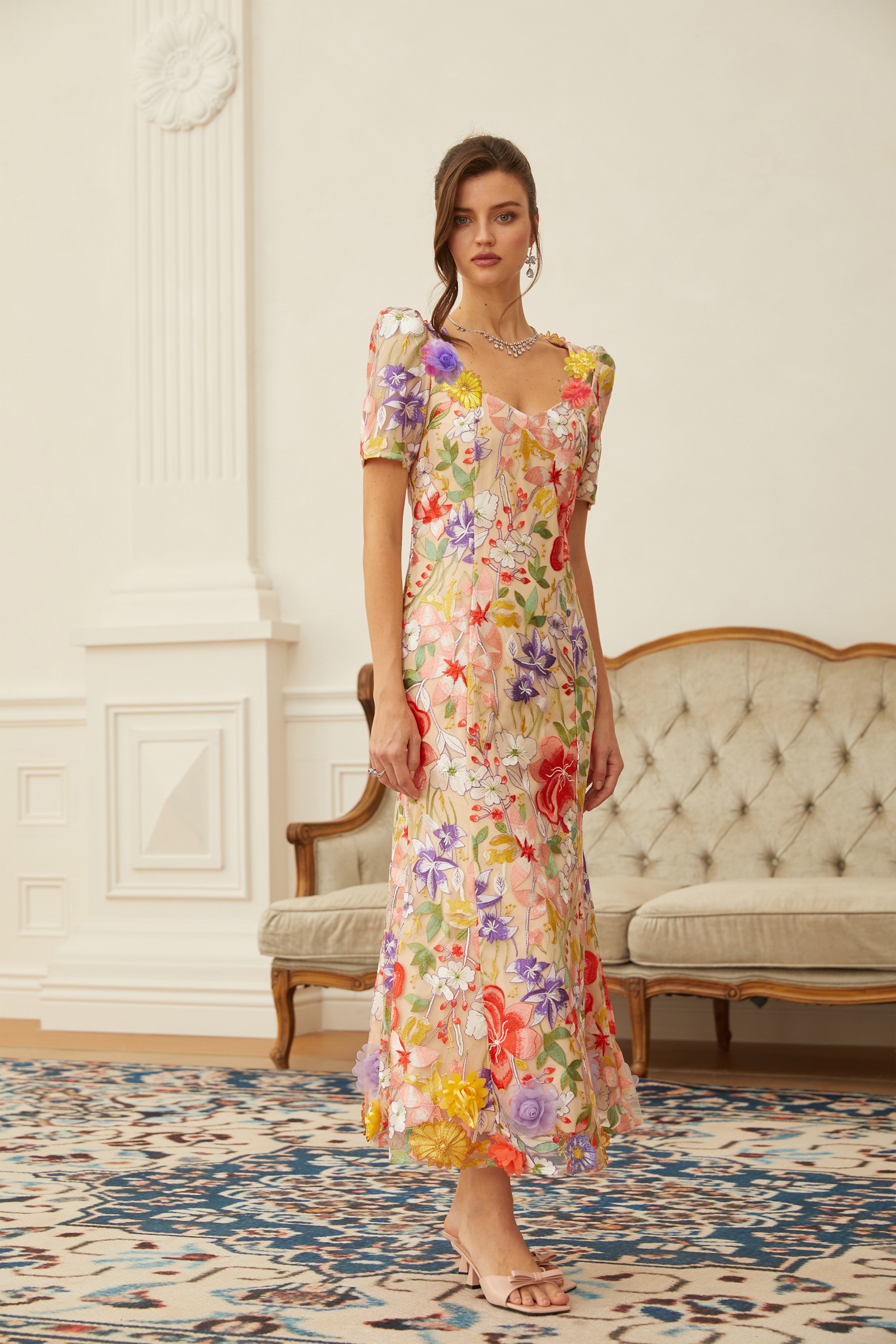 Beige midi dress with puff sleeves and vibrant 3D floral embroidery