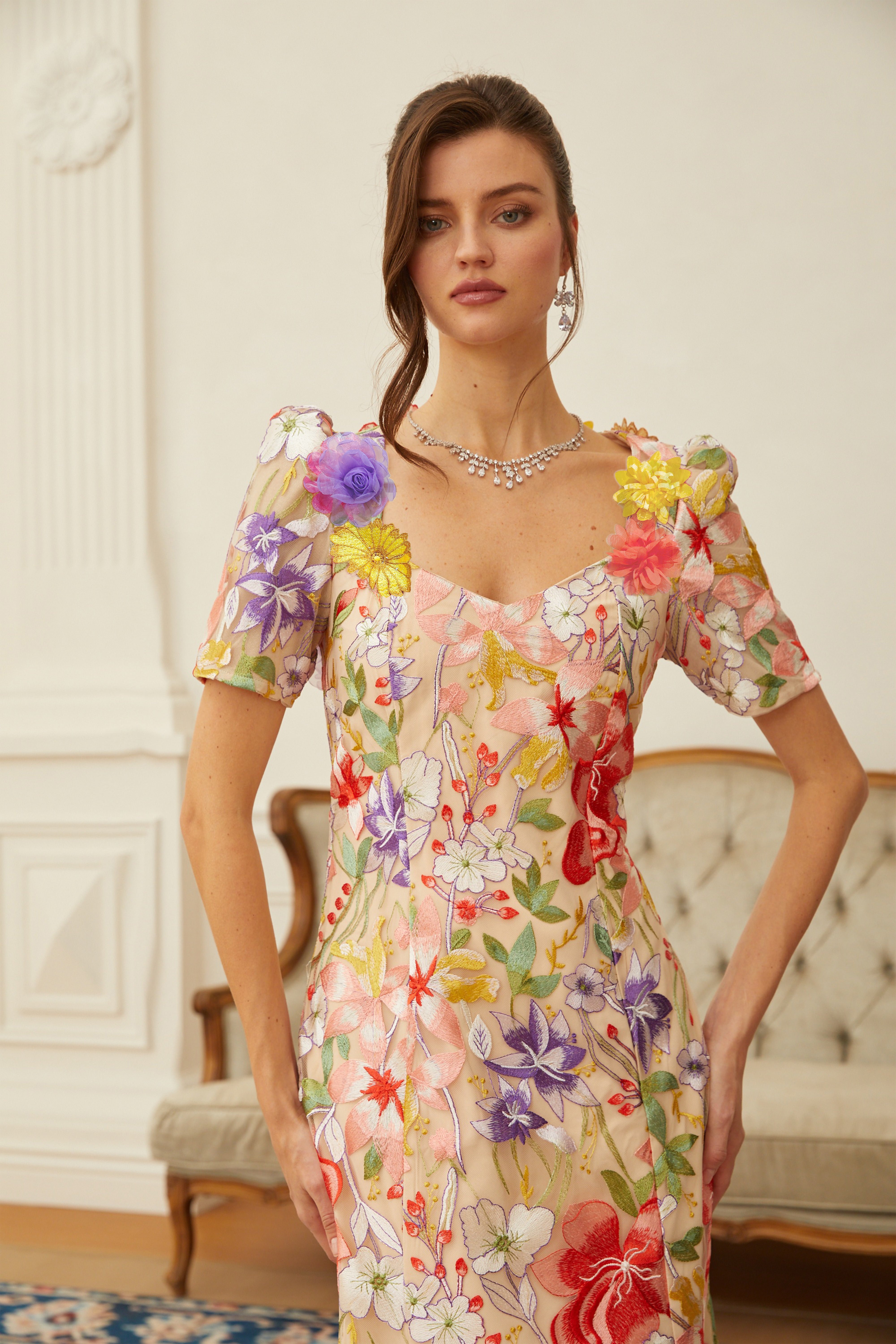 Beige midi dress with puff sleeves and vibrant 3D floral embroidery