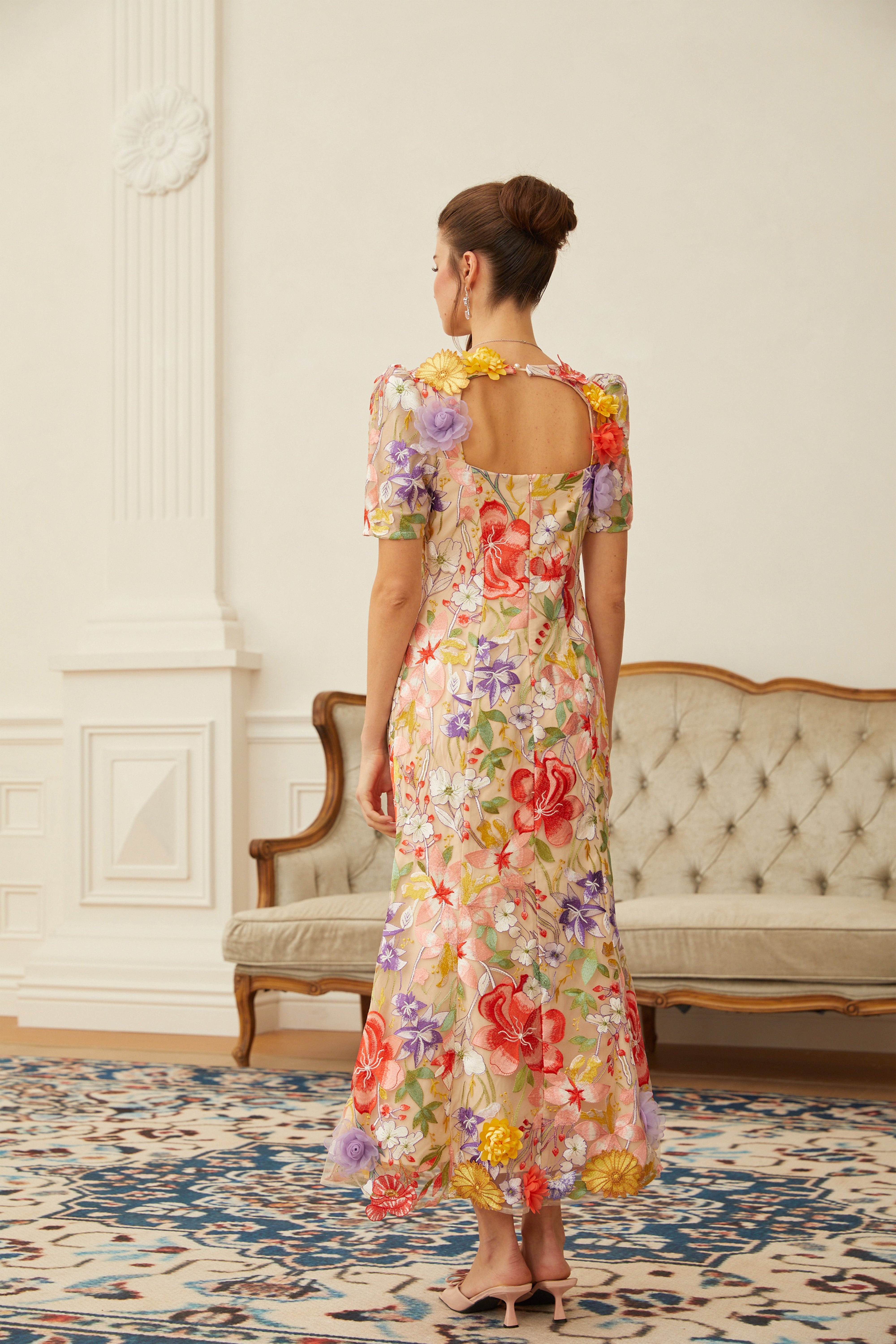 Beige midi dress with puff sleeves and vibrant 3D floral embroidery