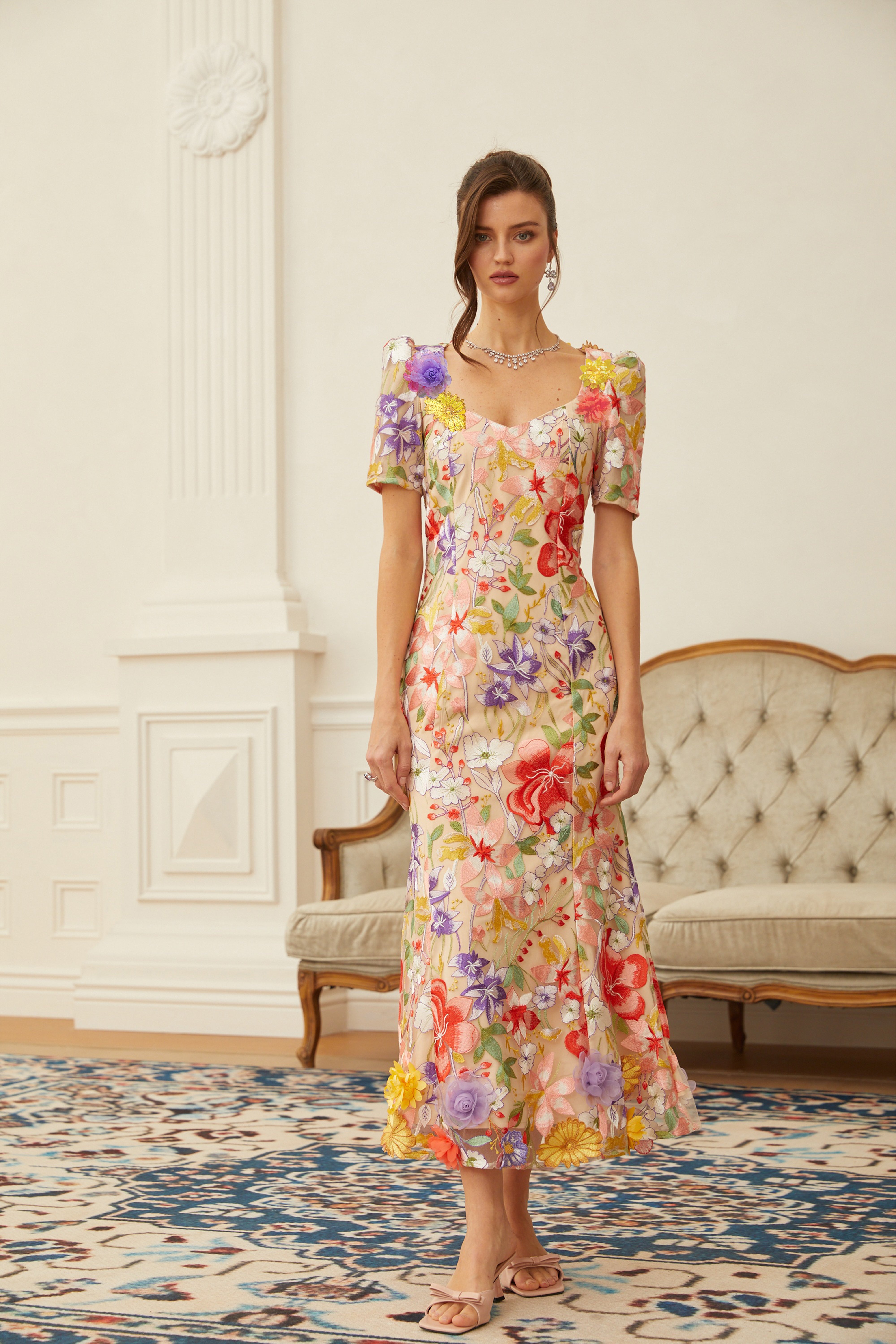 Beige midi dress with puff sleeves and vibrant 3D floral embroidery