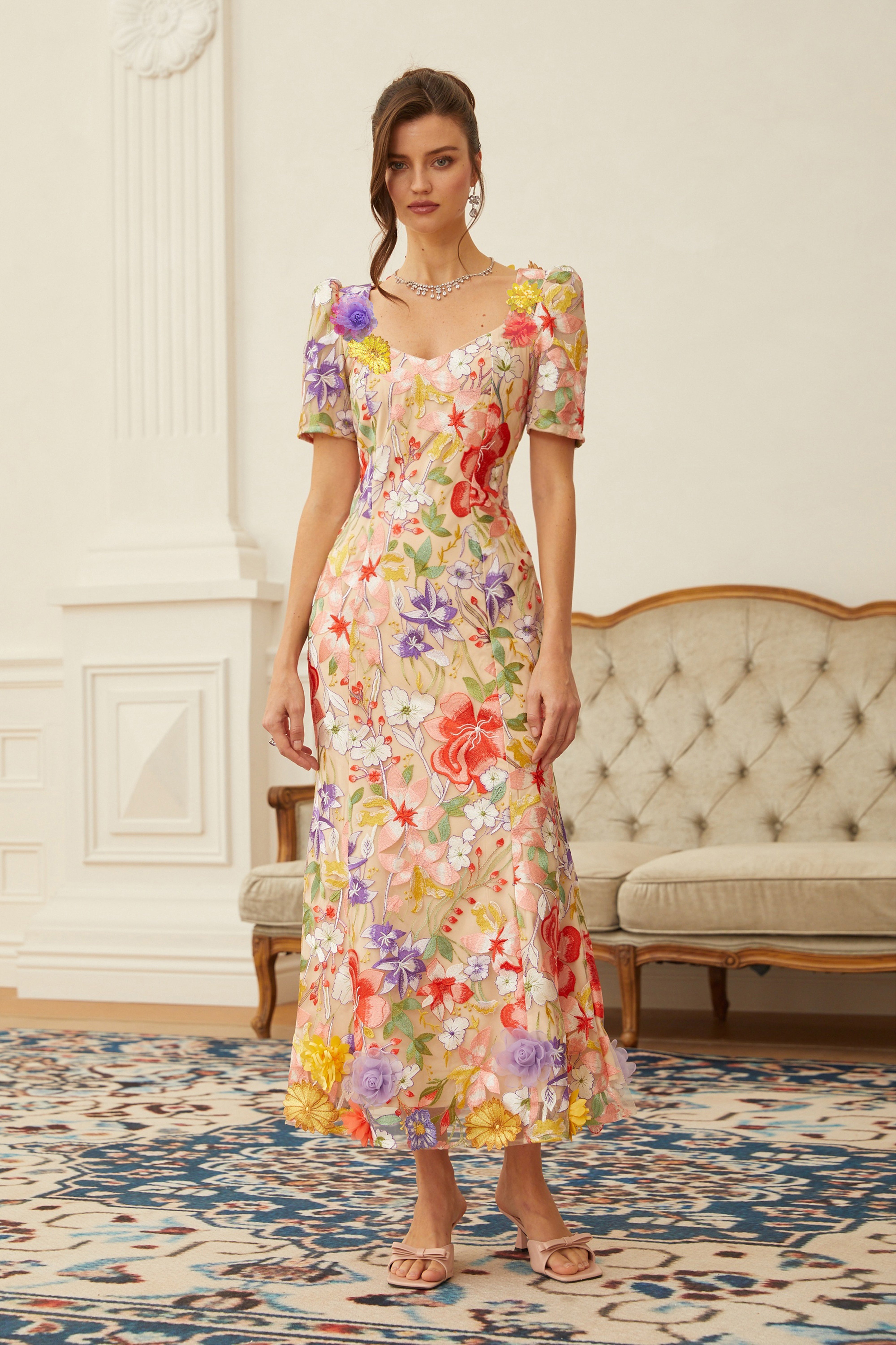 Beige midi dress with puff sleeves and vibrant 3D floral embroidery