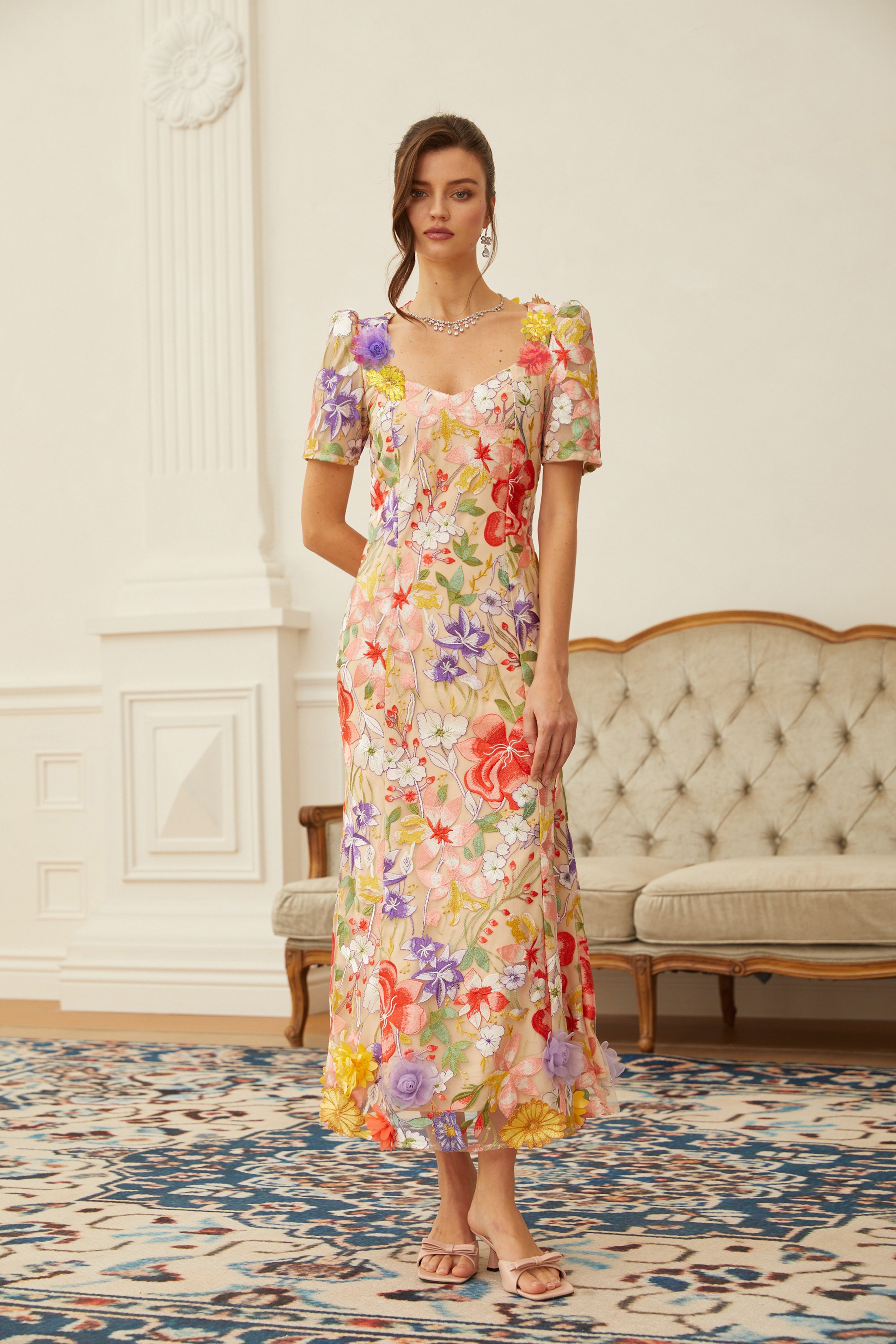 Beige midi dress with puff sleeves and vibrant 3D floral embroidery