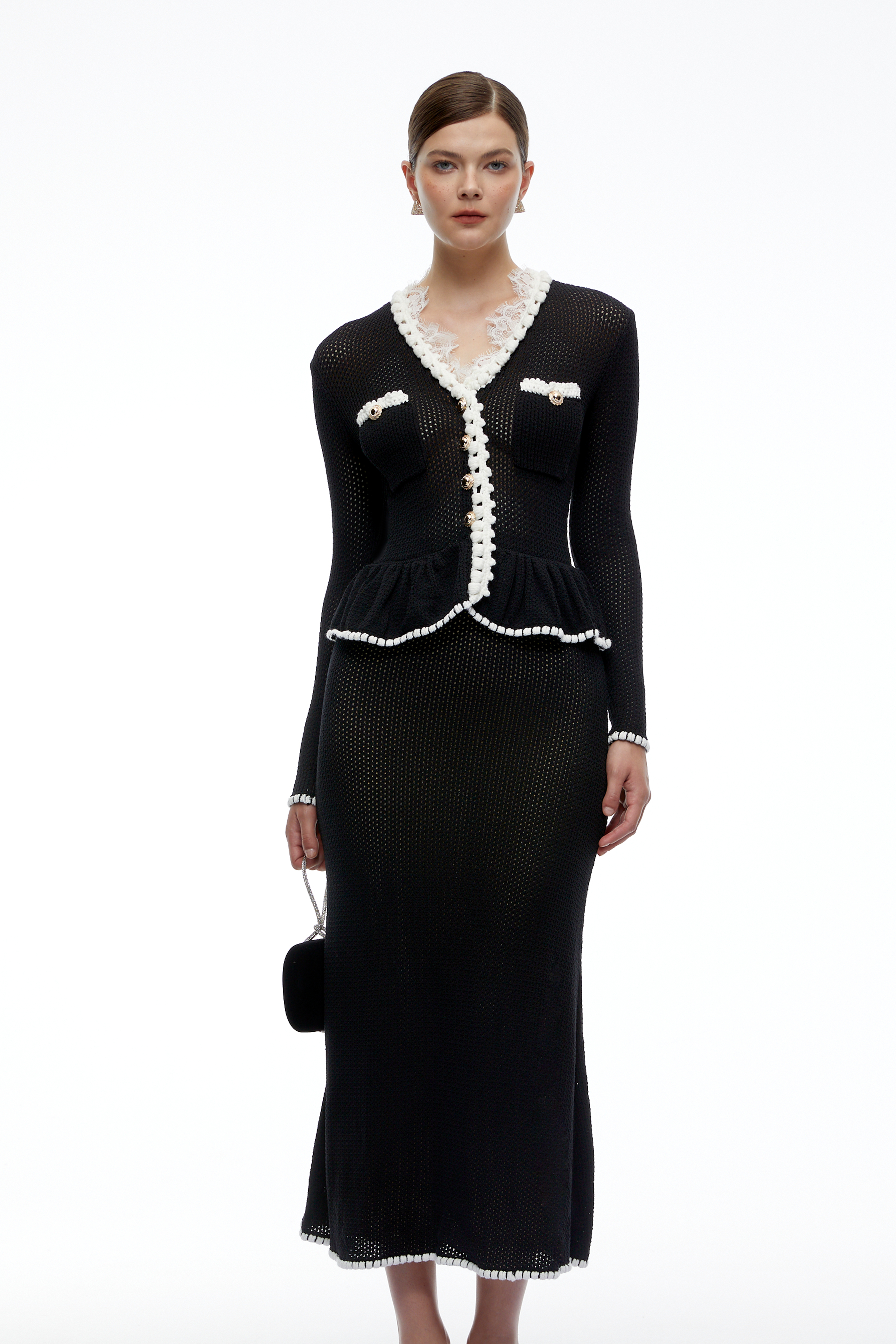 Deborah Black Contrast Trim Peplum Jacket & Skirt Set