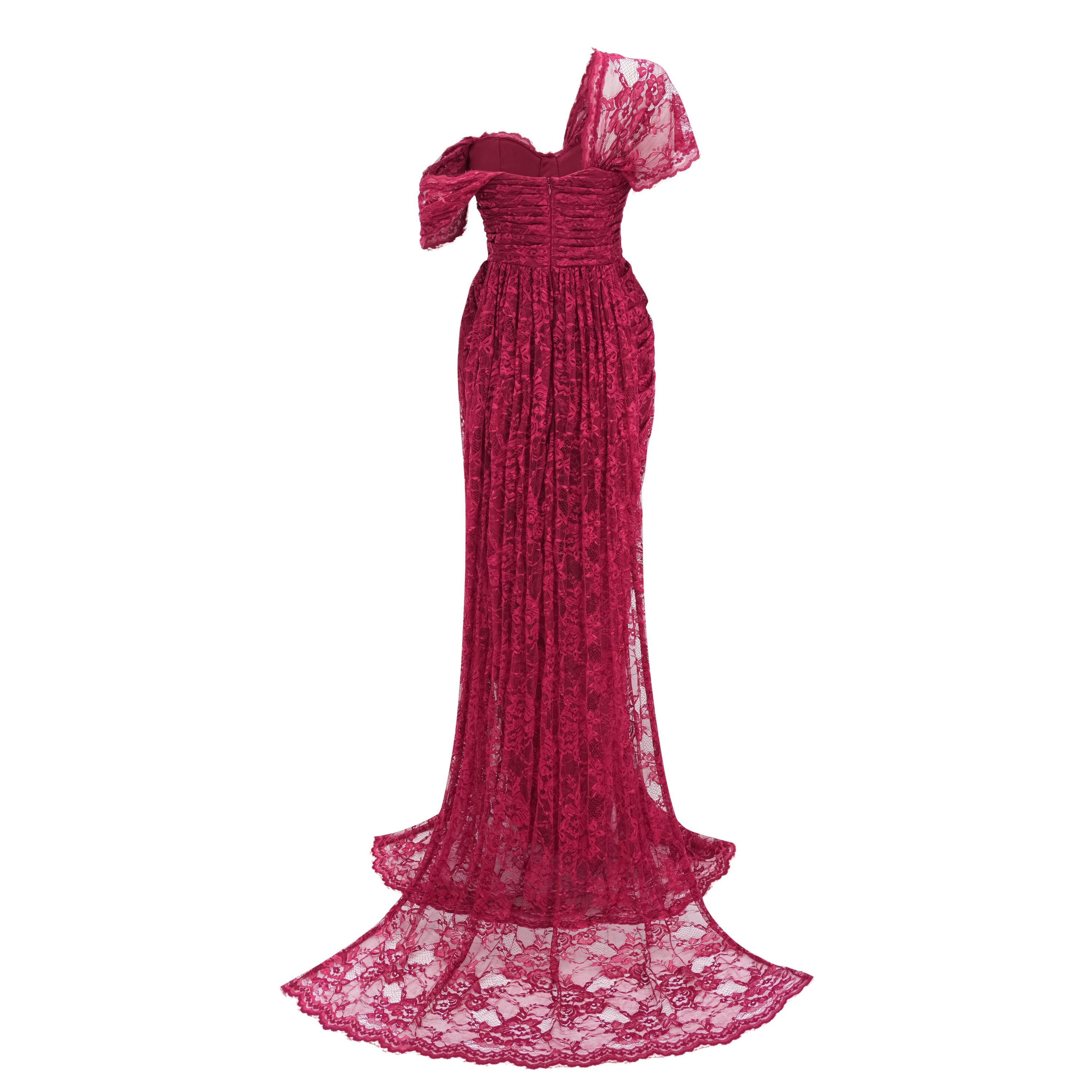Defne Burgundy One Shoulder Ruched Lace Maxi Dress