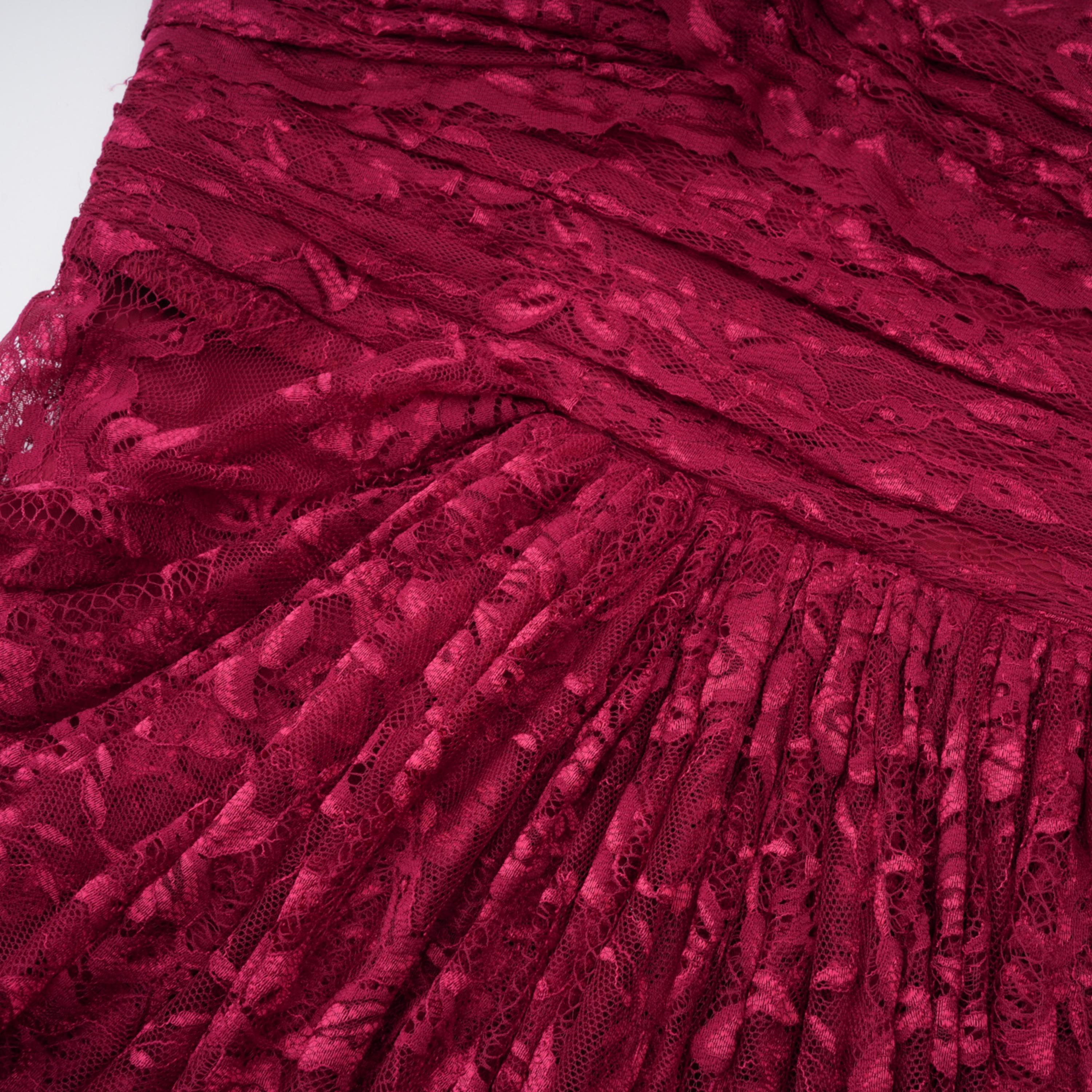 Defne Burgundy One Shoulder Ruched Lace Maxi Dress