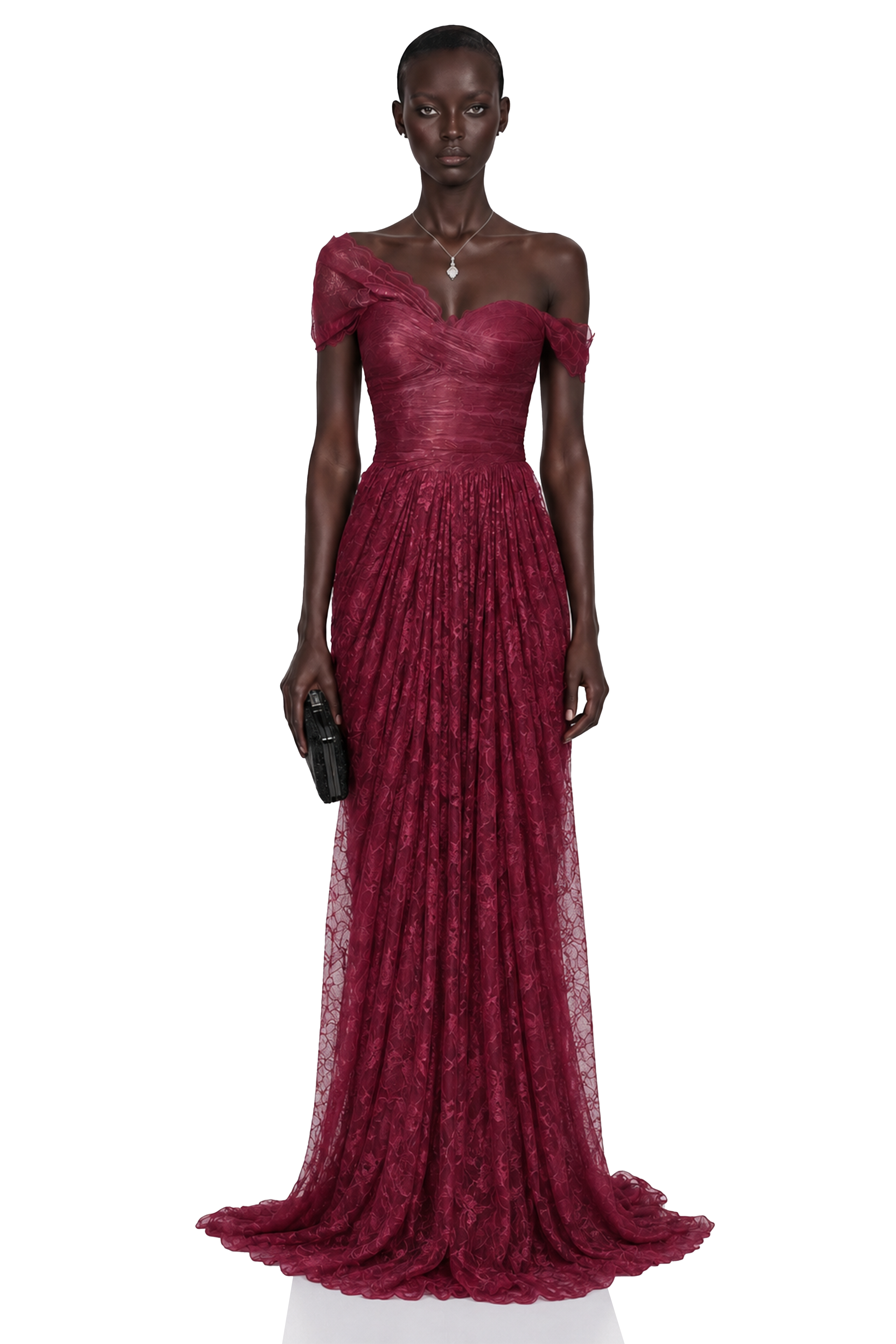 Magenta lace off-the-shoulder gown with a draped bodice
