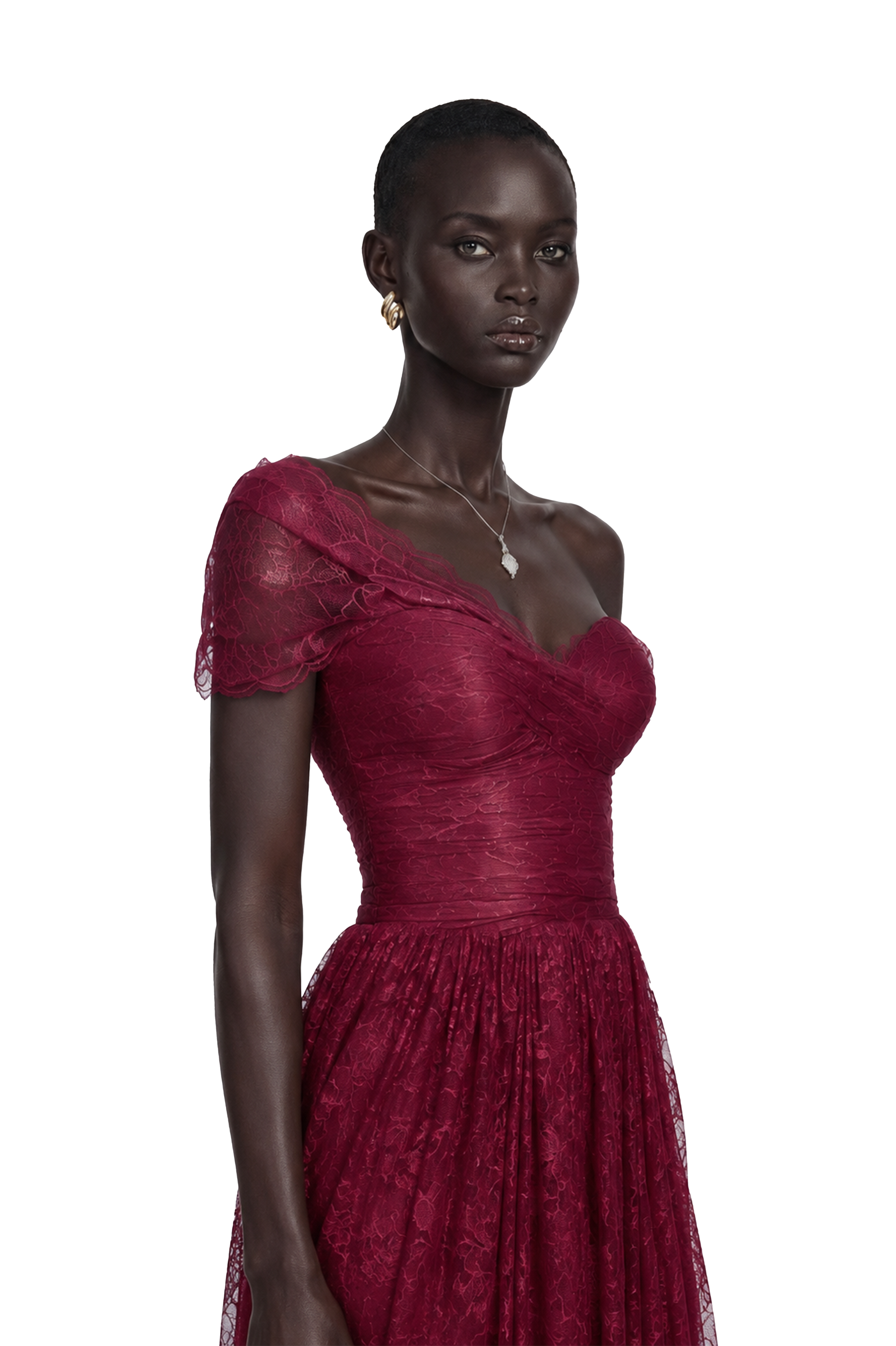 Magenta lace off-the-shoulder gown with a draped bodice