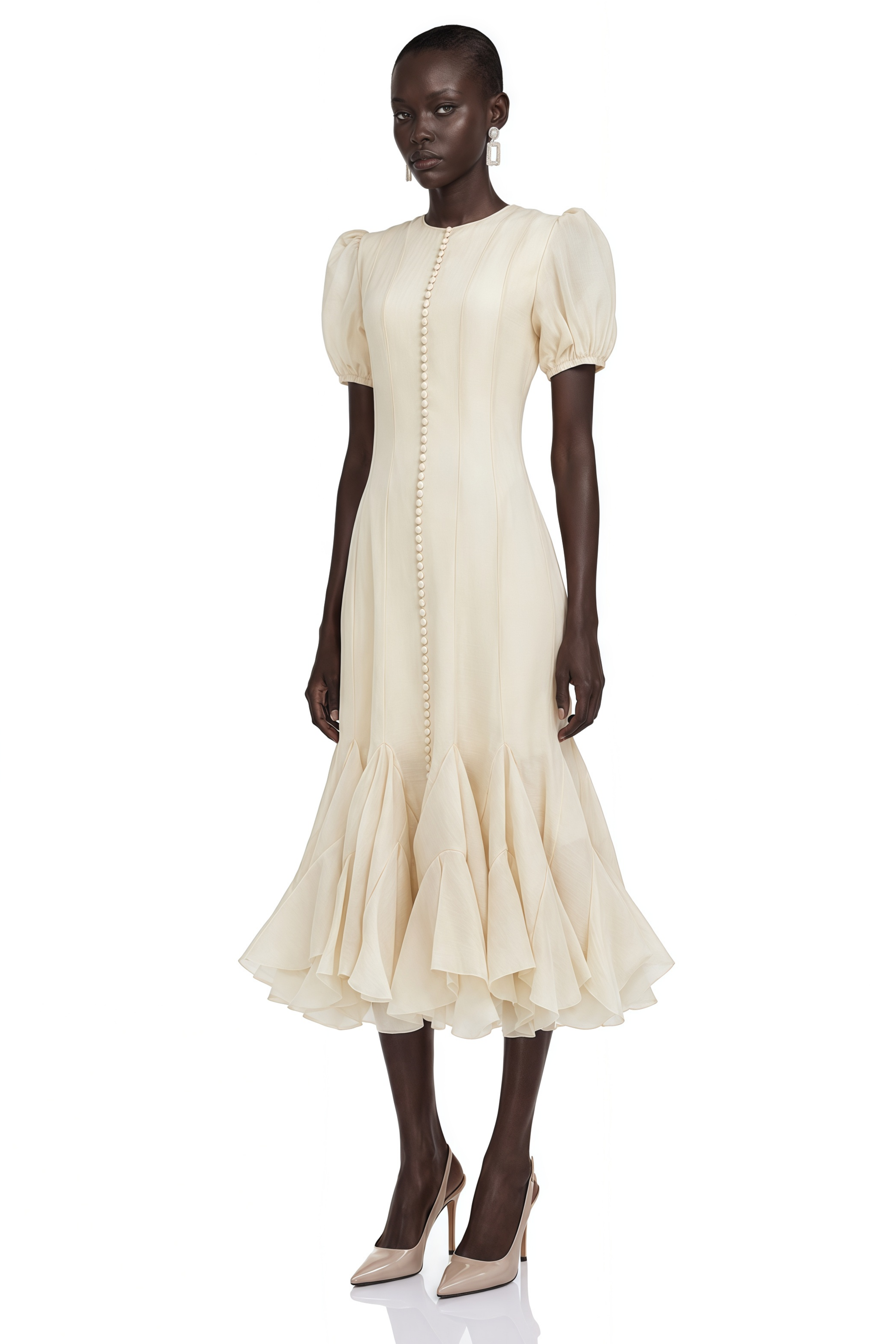 Cream button-down dress with puff sleeves and a ruffled handkerchief hem