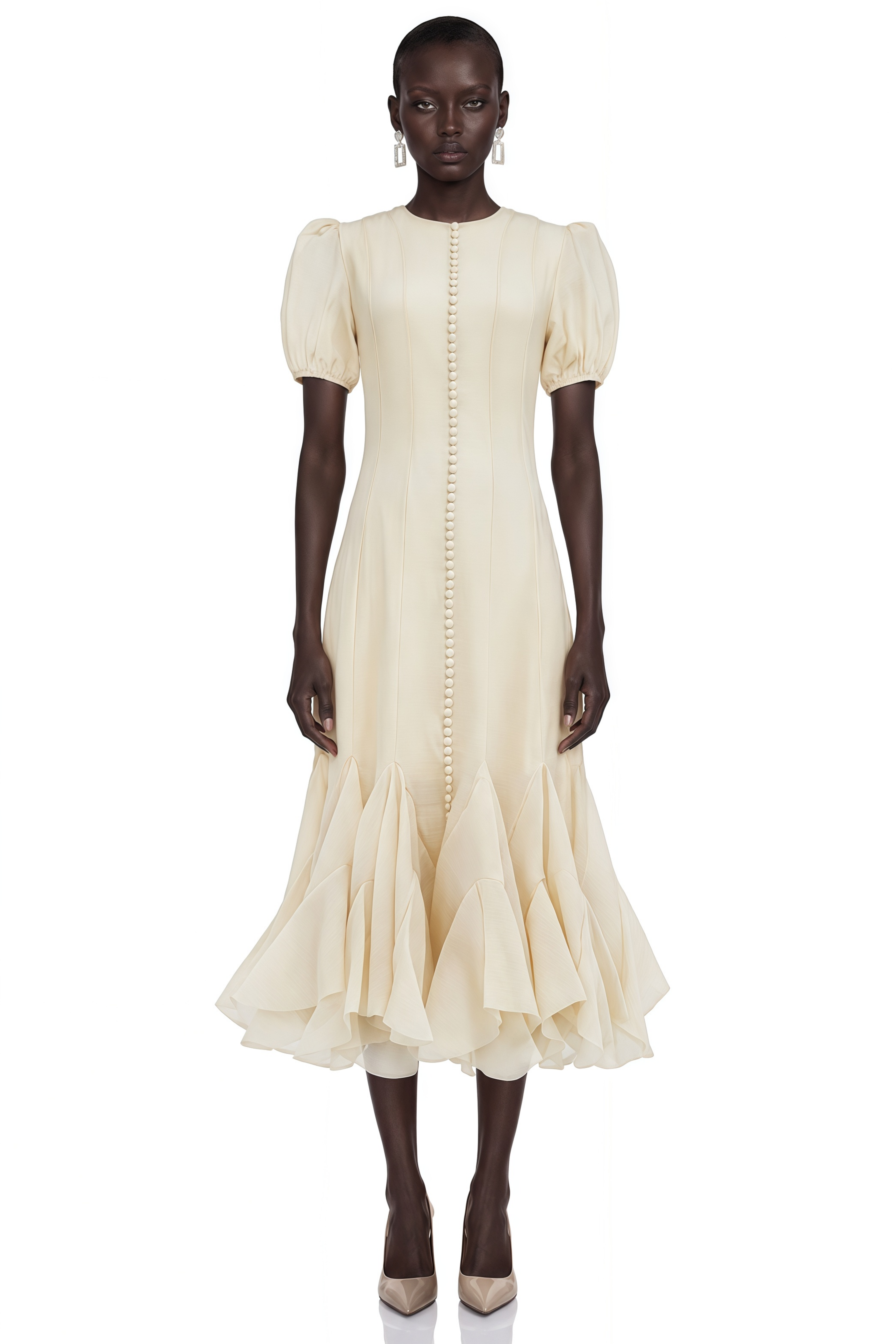 Cream button-down dress with puff sleeves and a ruffled handkerchief hem