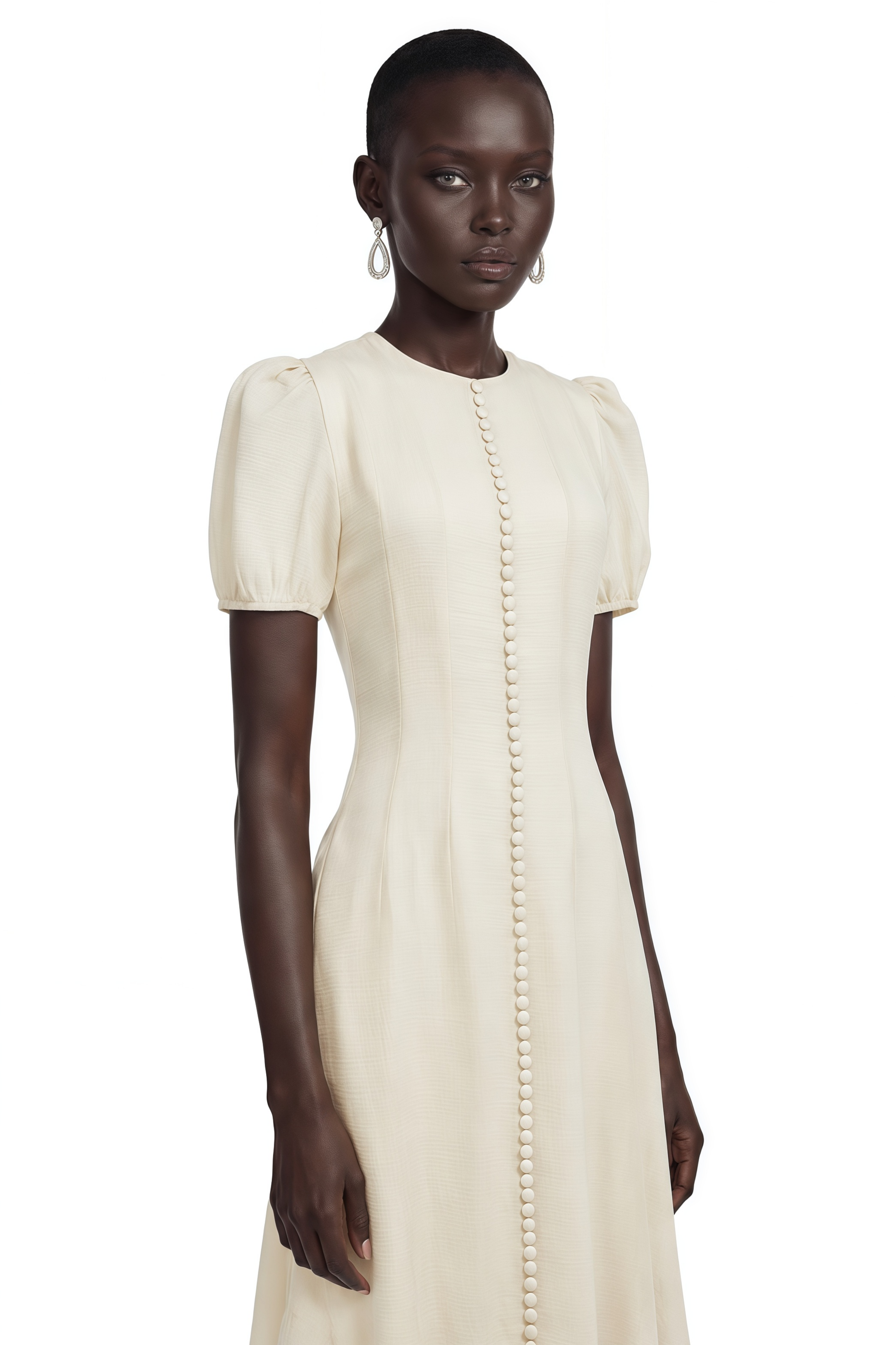 Cream button-down dress with puff sleeves and a ruffled handkerchief hem