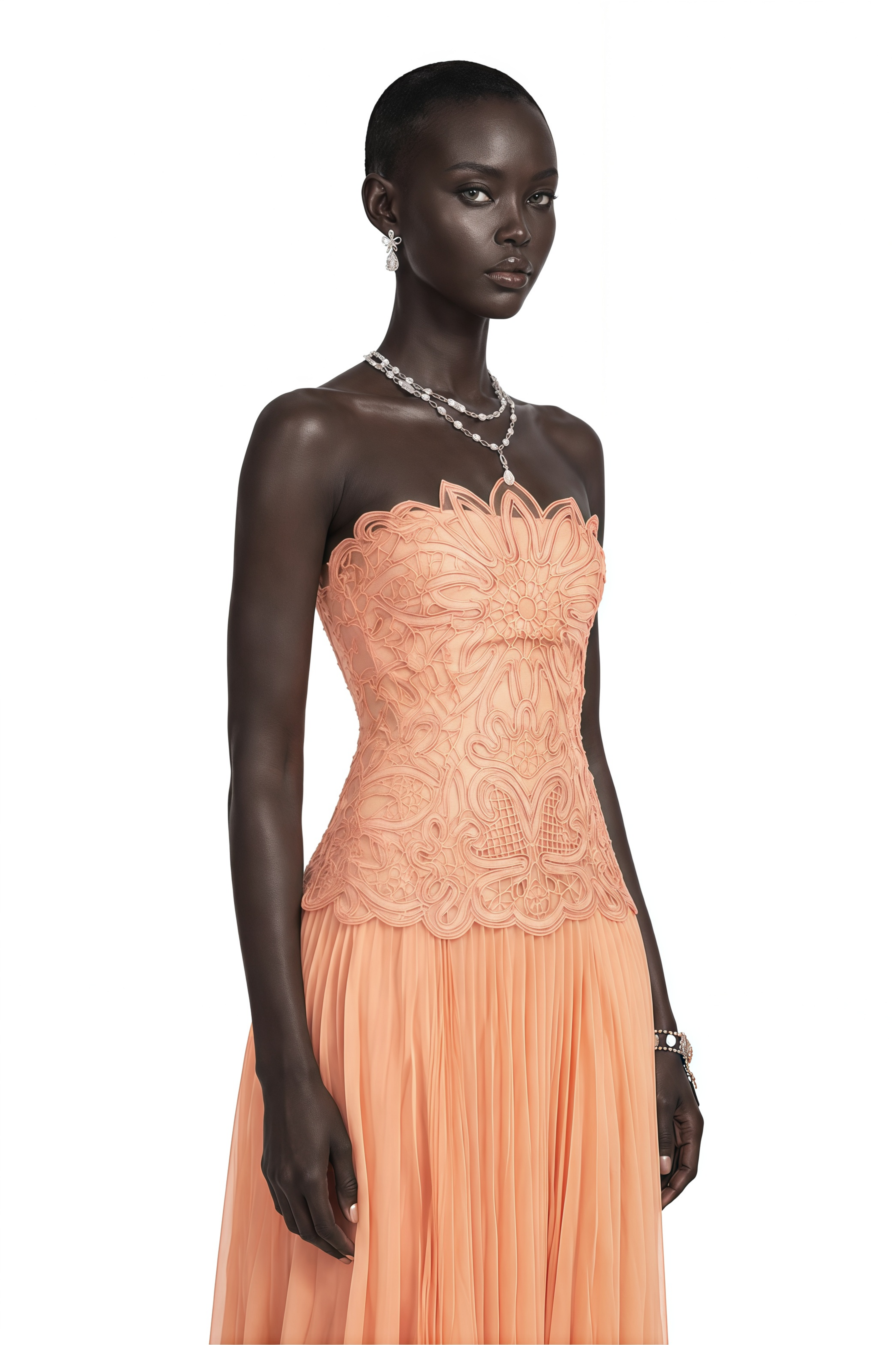 Defne Orange Pleated Maxi Dress with Floral Applique