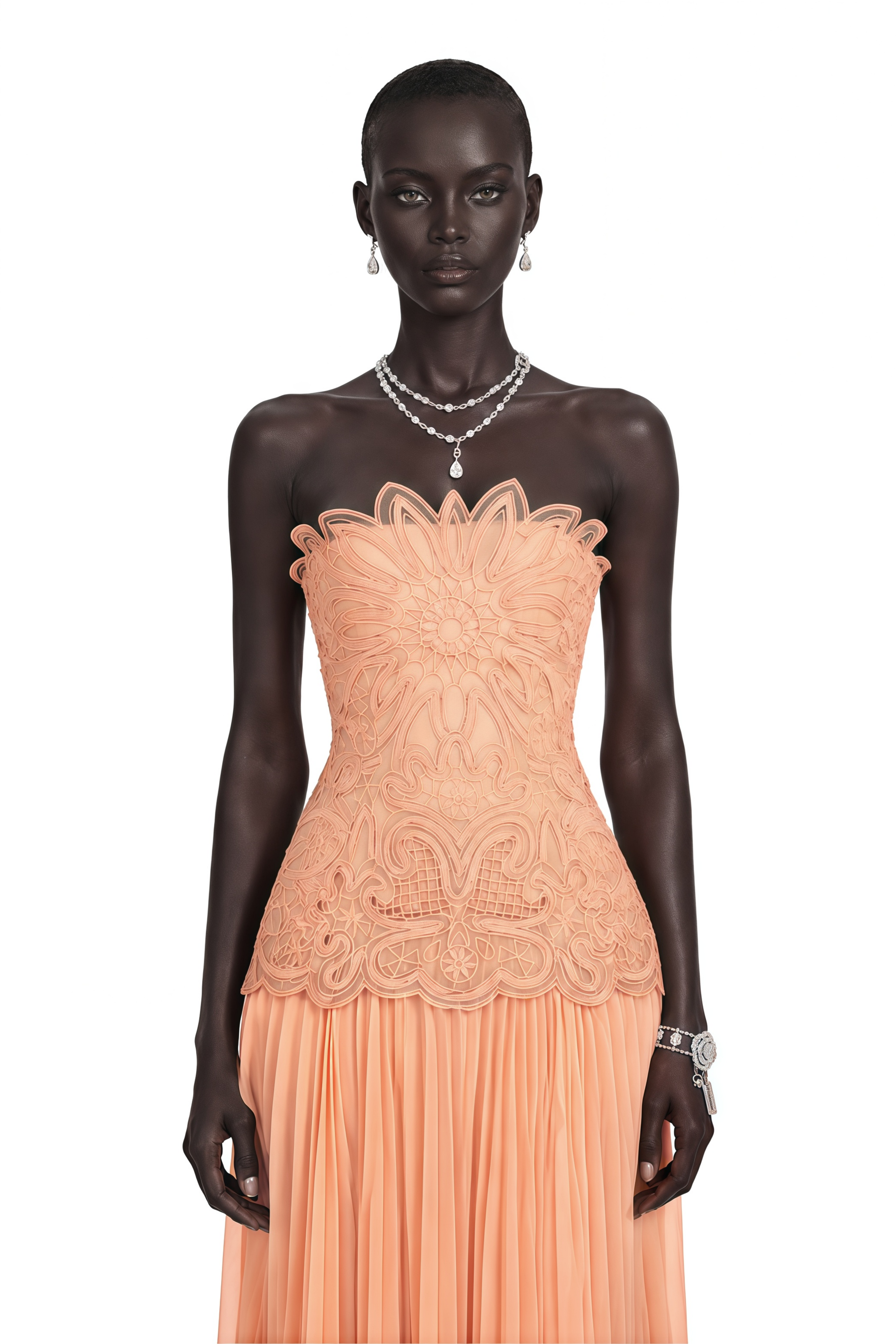 Defne Orange Pleated Maxi Dress with Floral Applique
