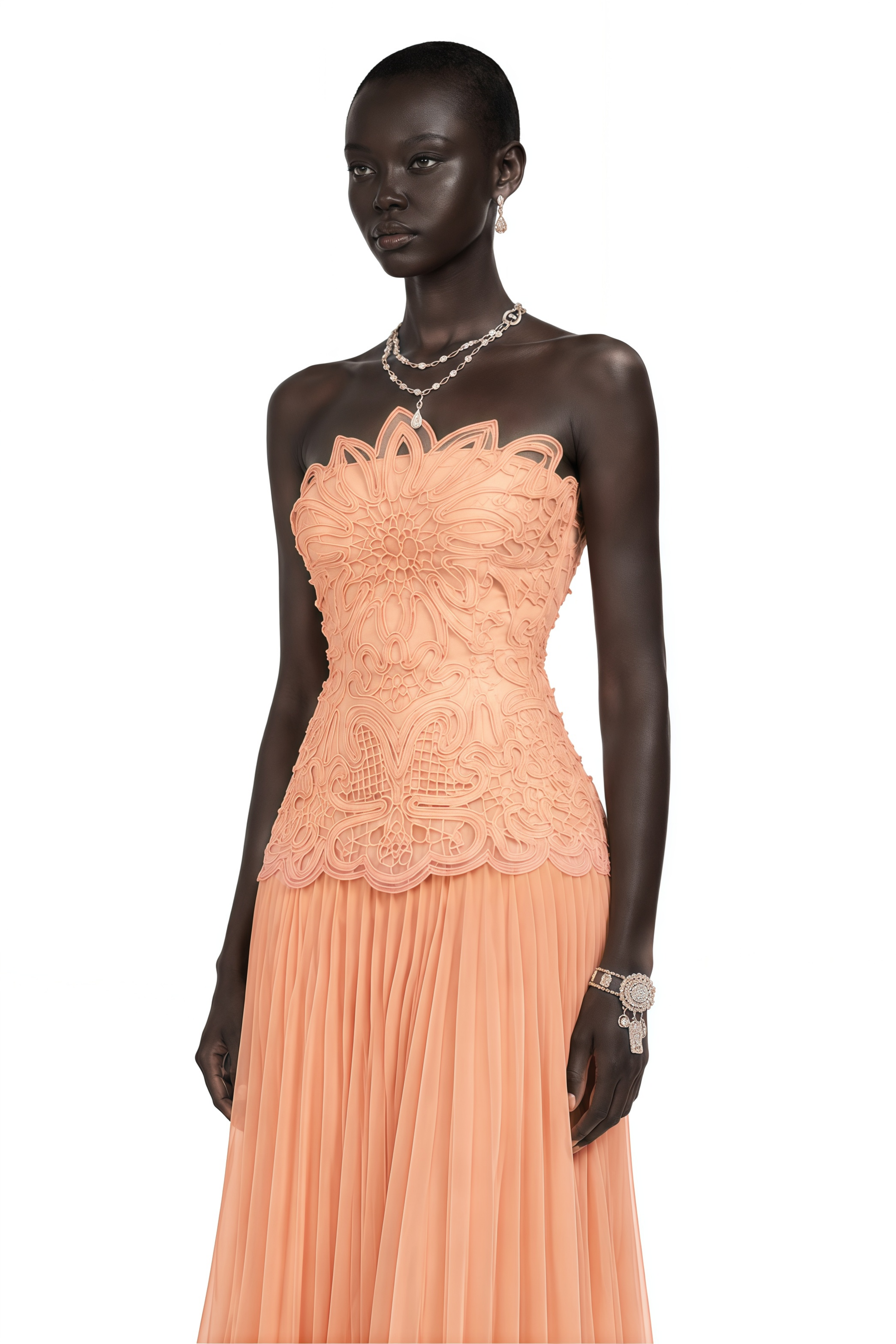 Defne Orange Pleated Maxi Dress with Floral Applique
