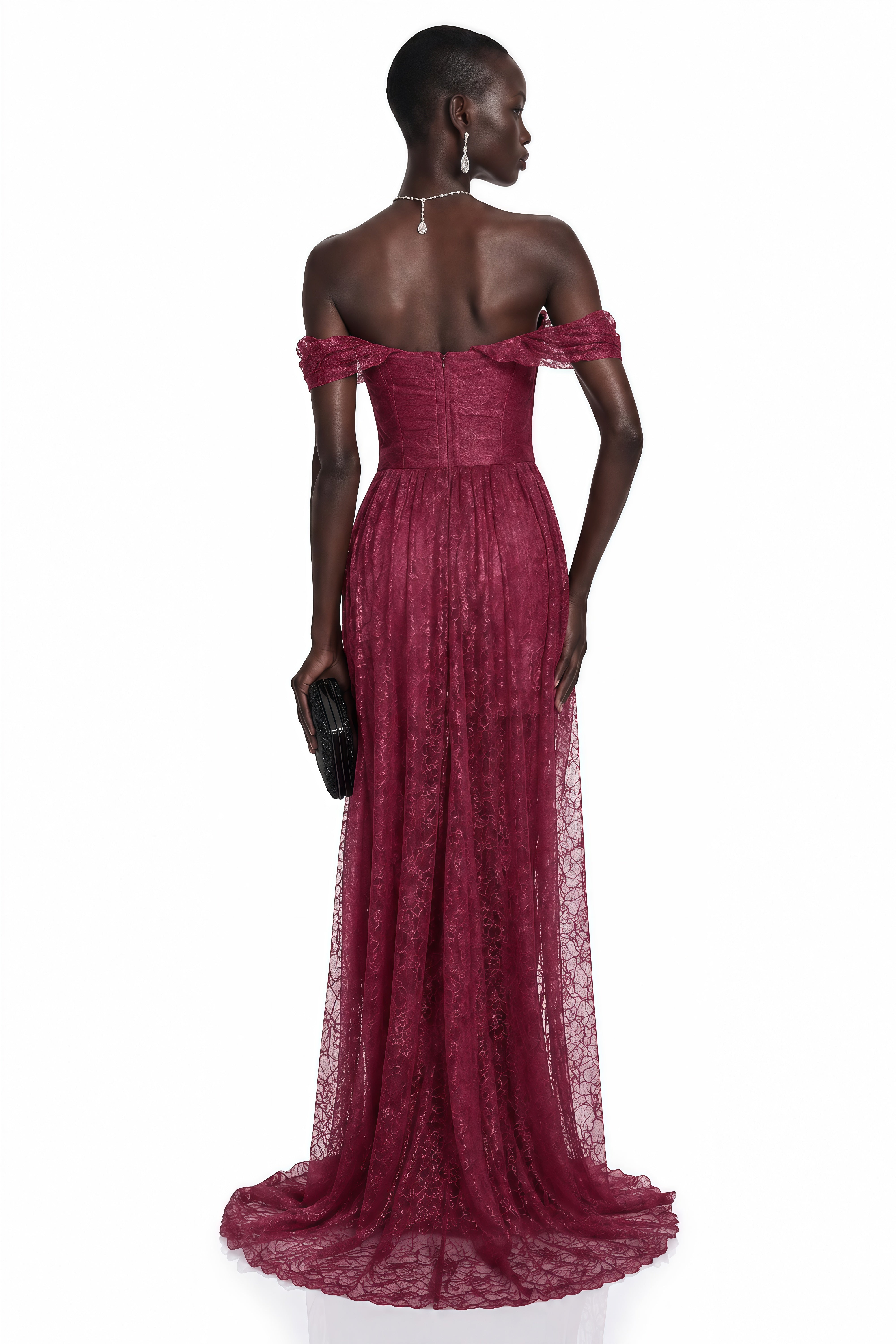 Magenta lace off-the-shoulder gown with a draped bodice