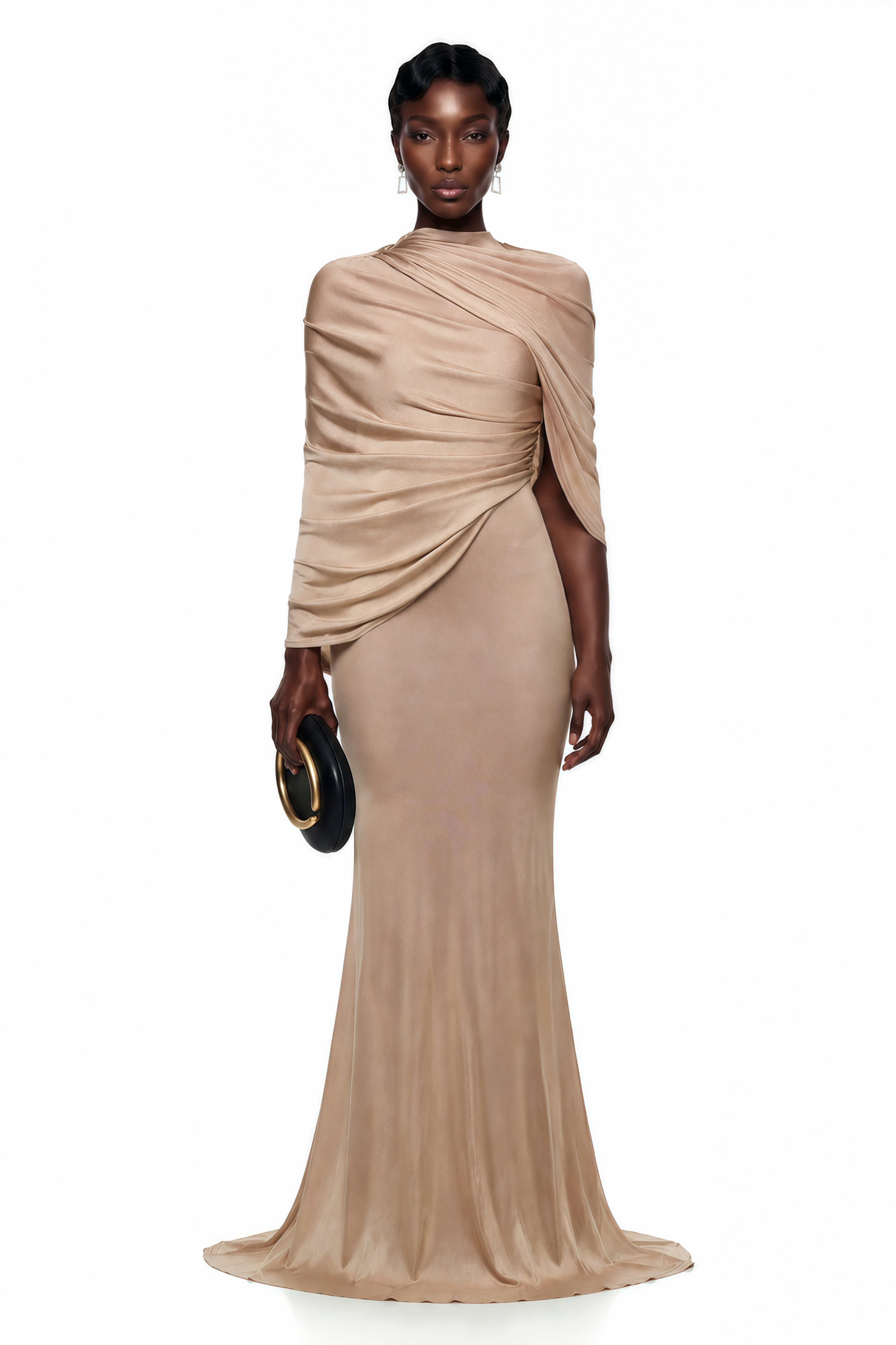 Tan draped maxi dress with cape detail