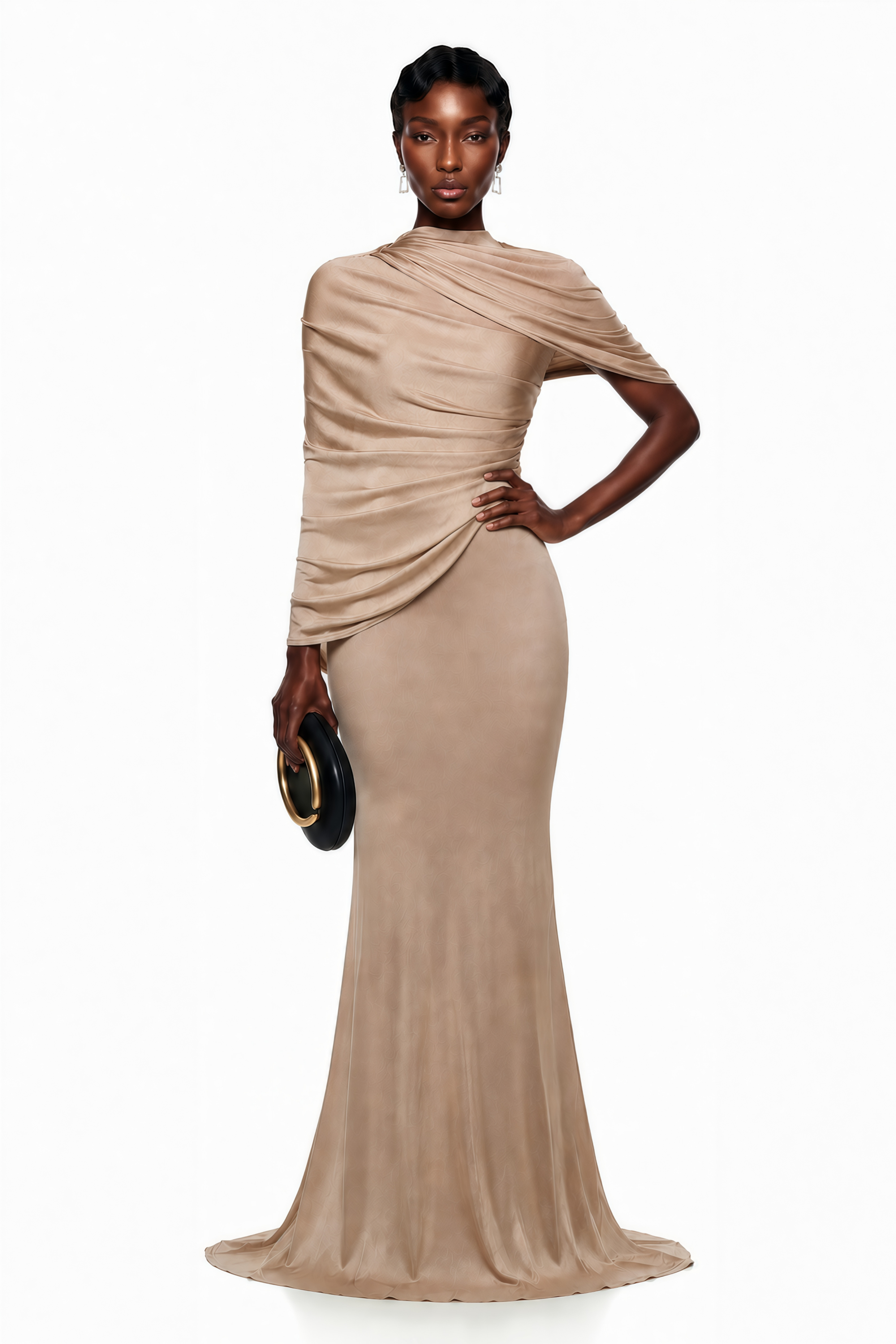 Tan draped maxi dress with cape detail
