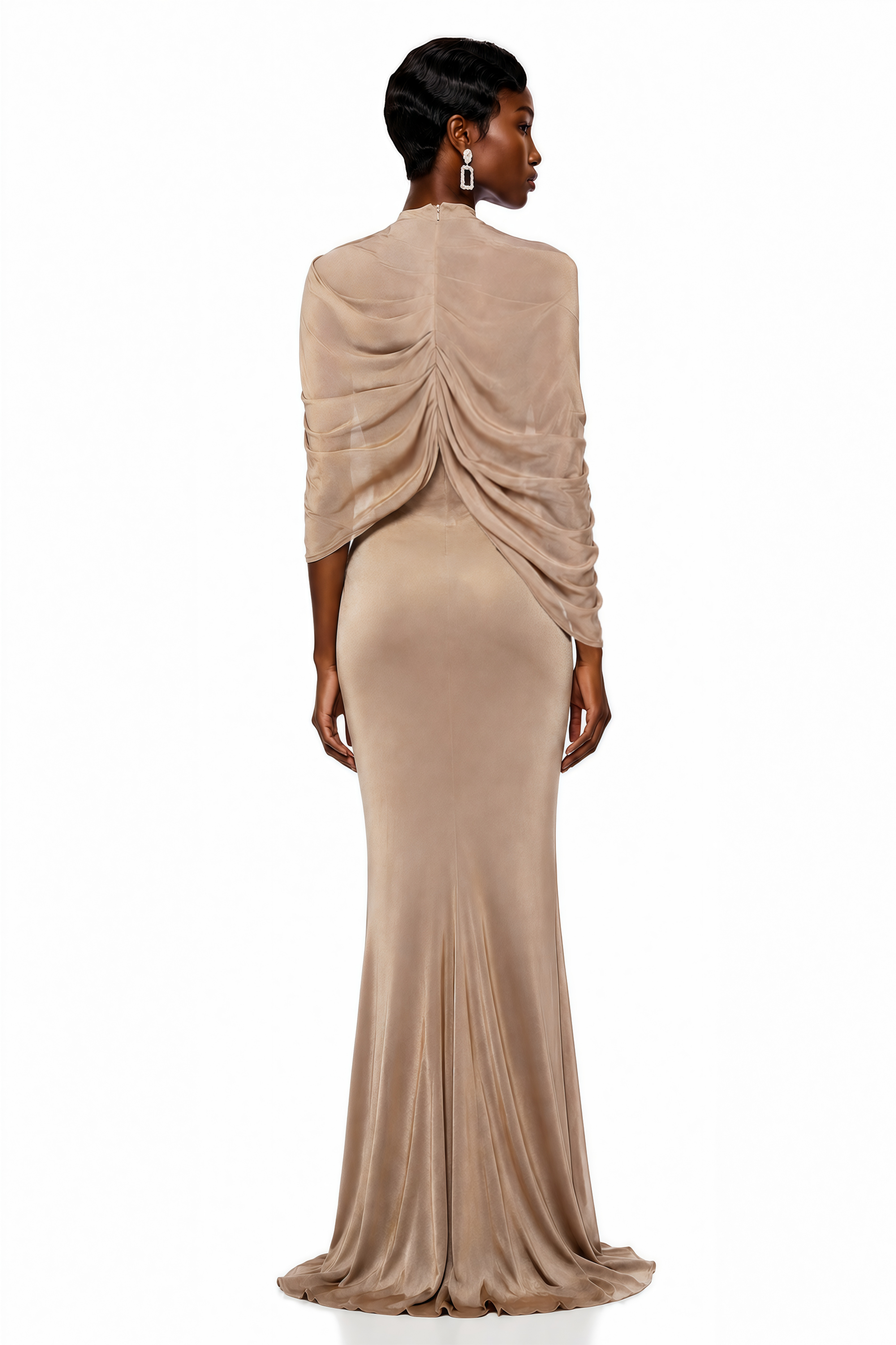 Tan draped maxi dress with cape detail