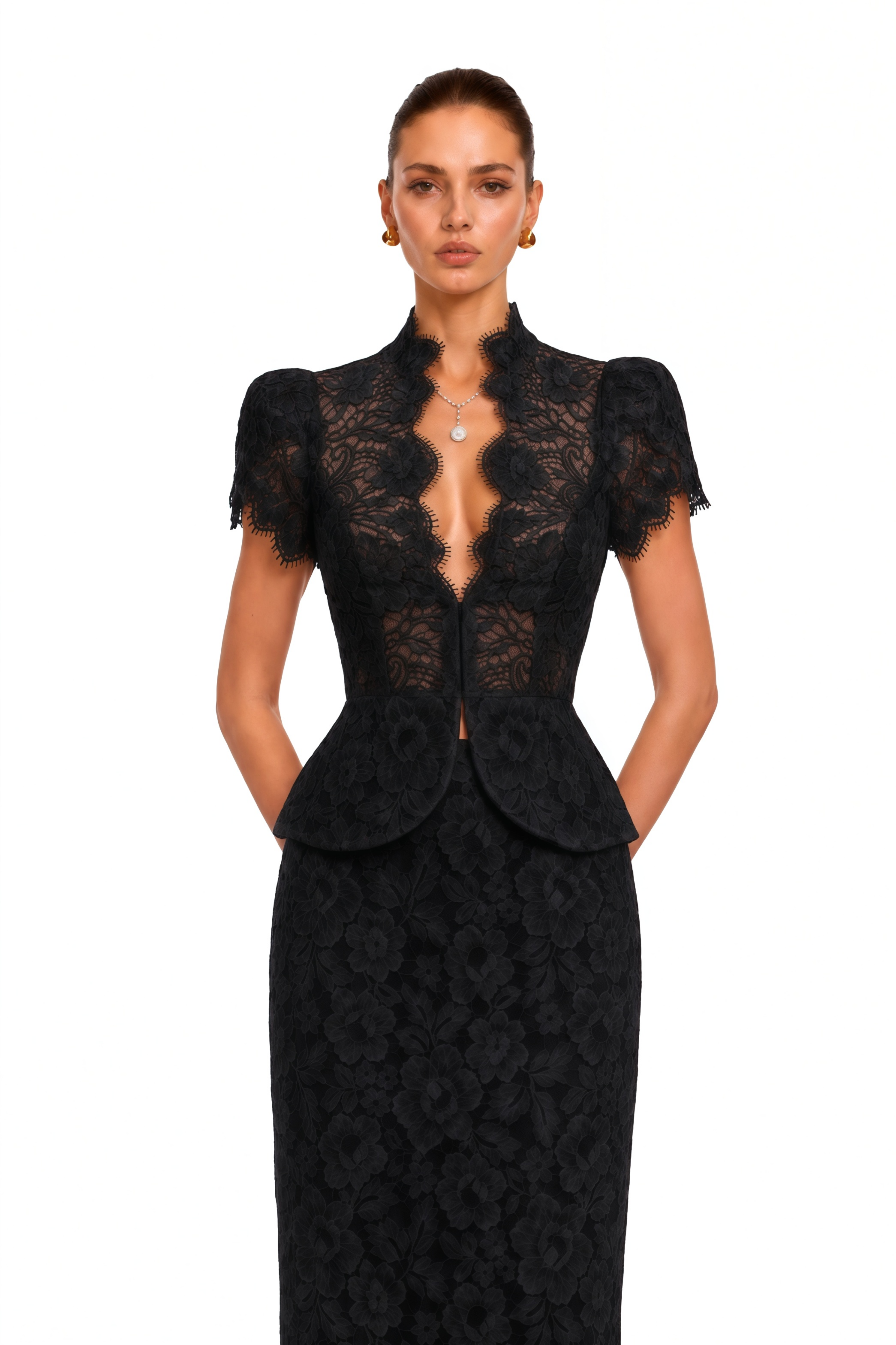 Delilah Black Lace High Neck Peplum Blouse & Skirt Set