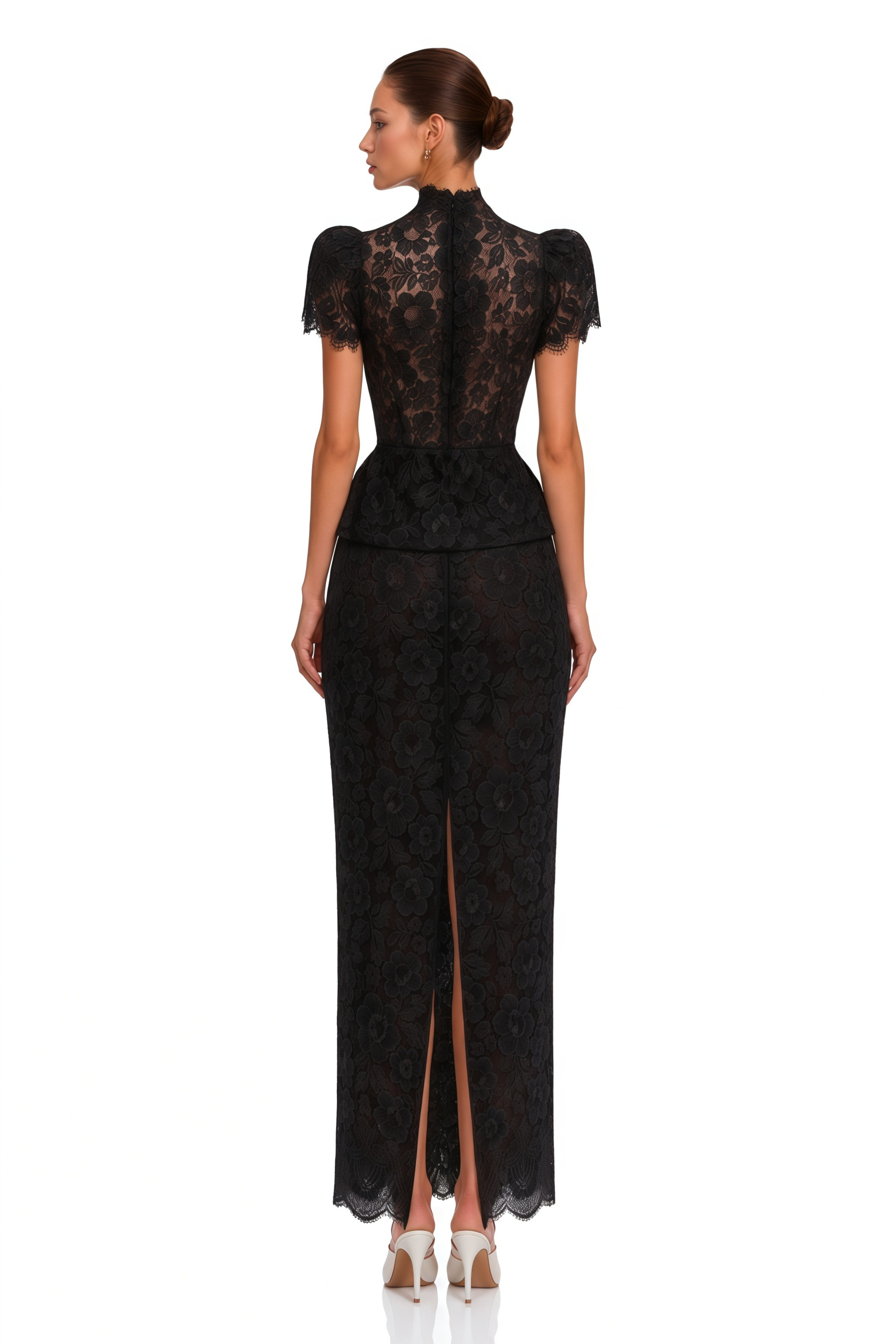 Delilah Black Lace High Neck Peplum Blouse & Skirt Set