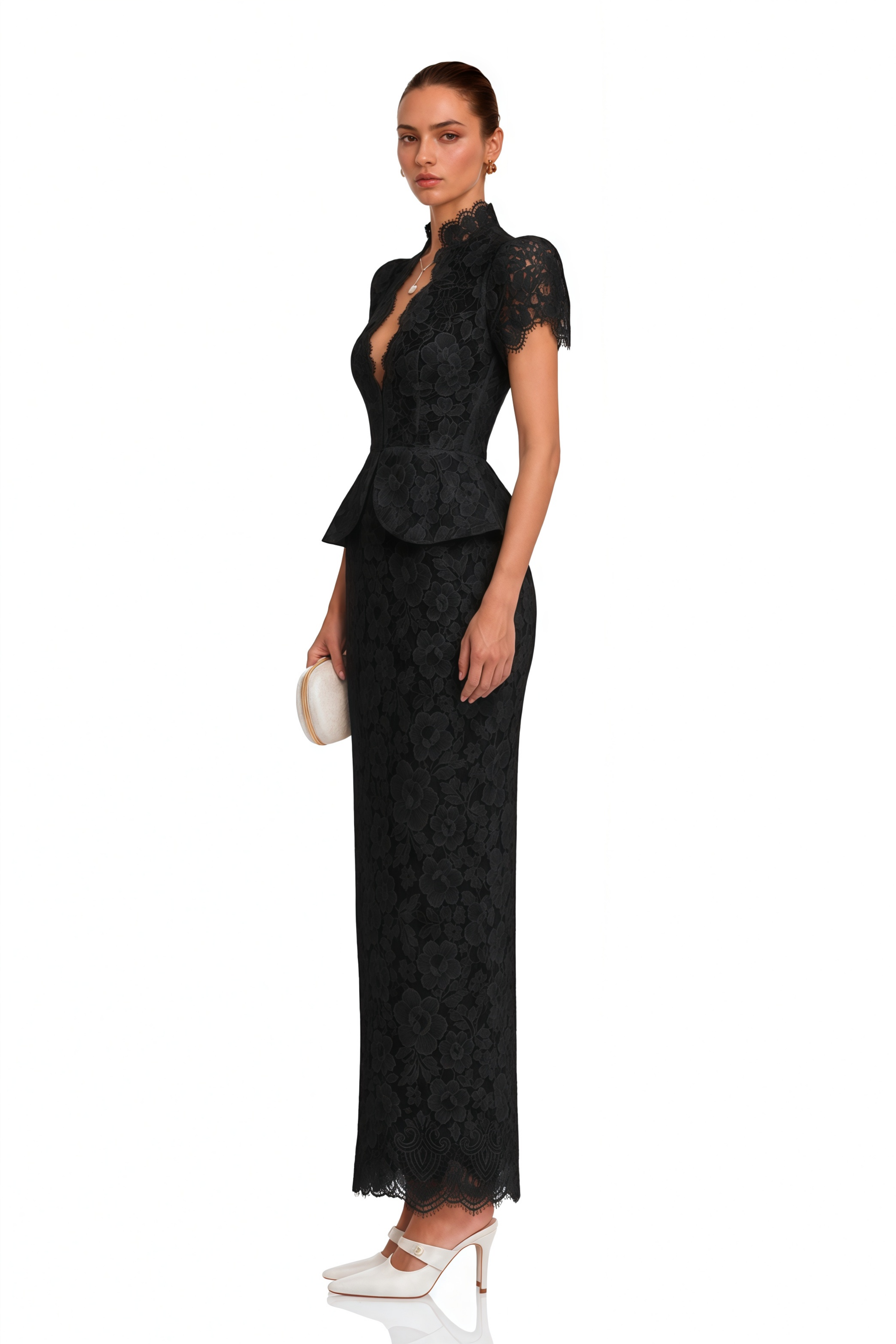 Delilah Black Lace High Neck Peplum Blouse & Skirt Set