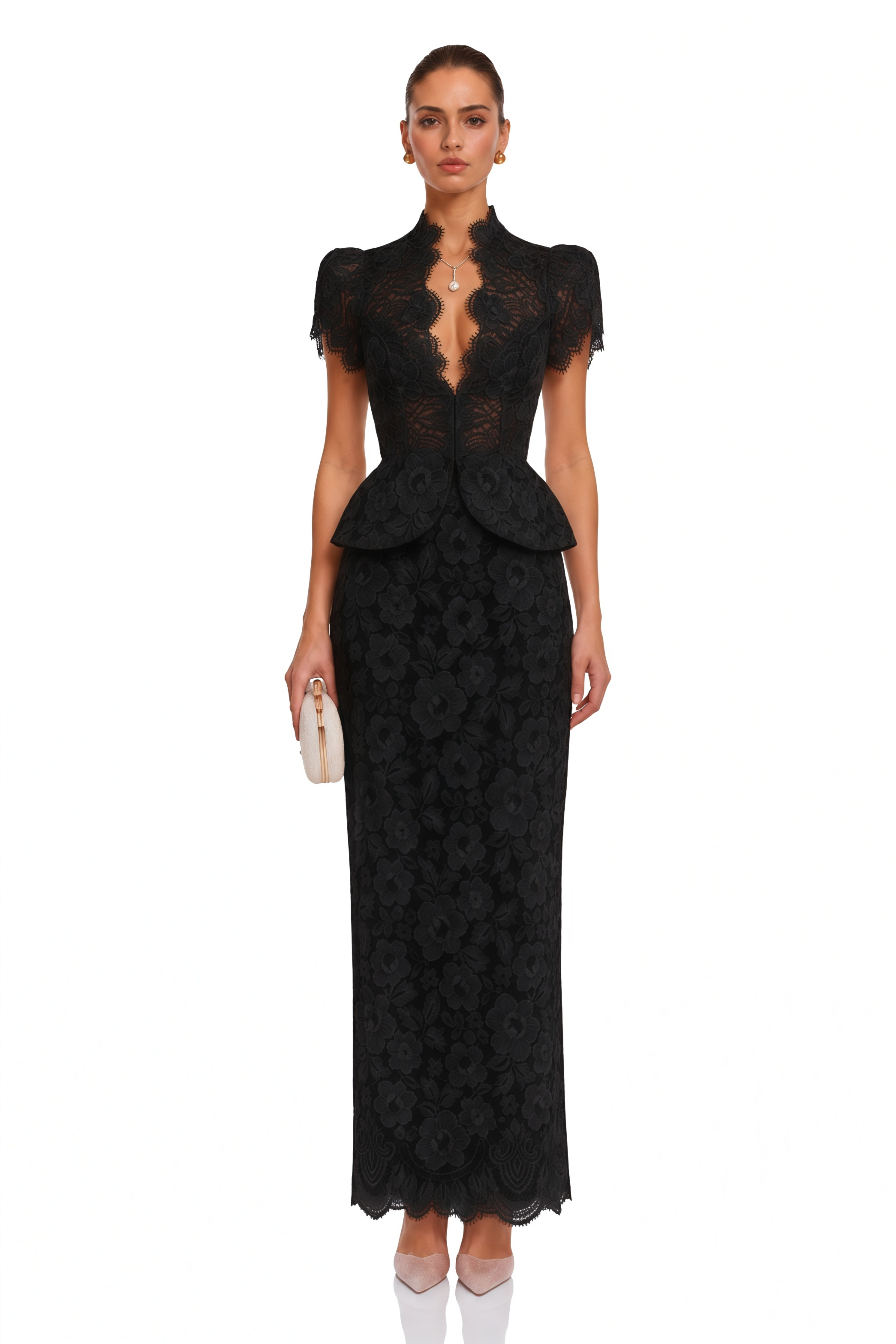 Delilah Black Lace High Neck Peplum Blouse & Skirt Set