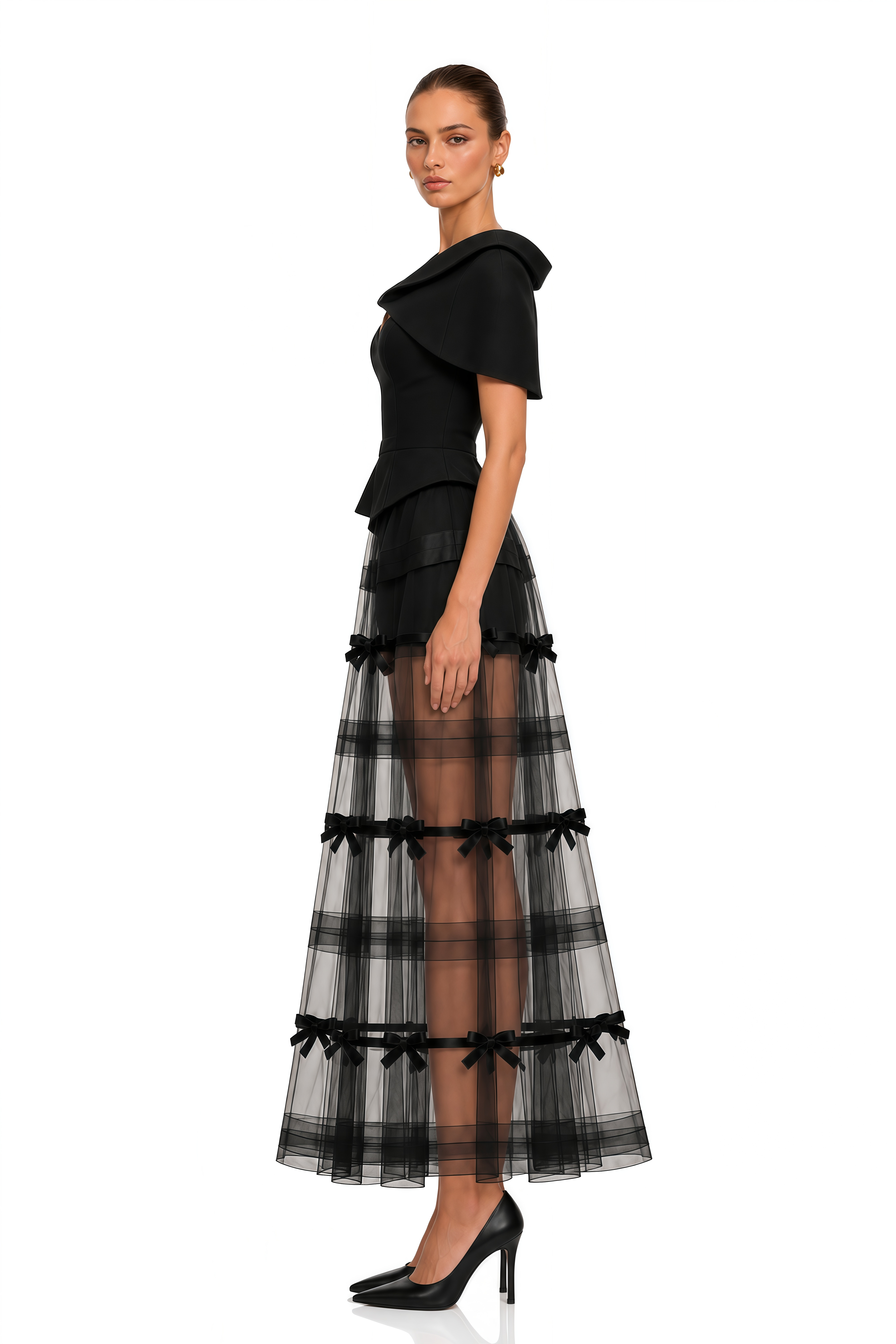 Delphinia Black Puff Sleeve Crop Top & Off-Shoulder Maxi Dress Set
