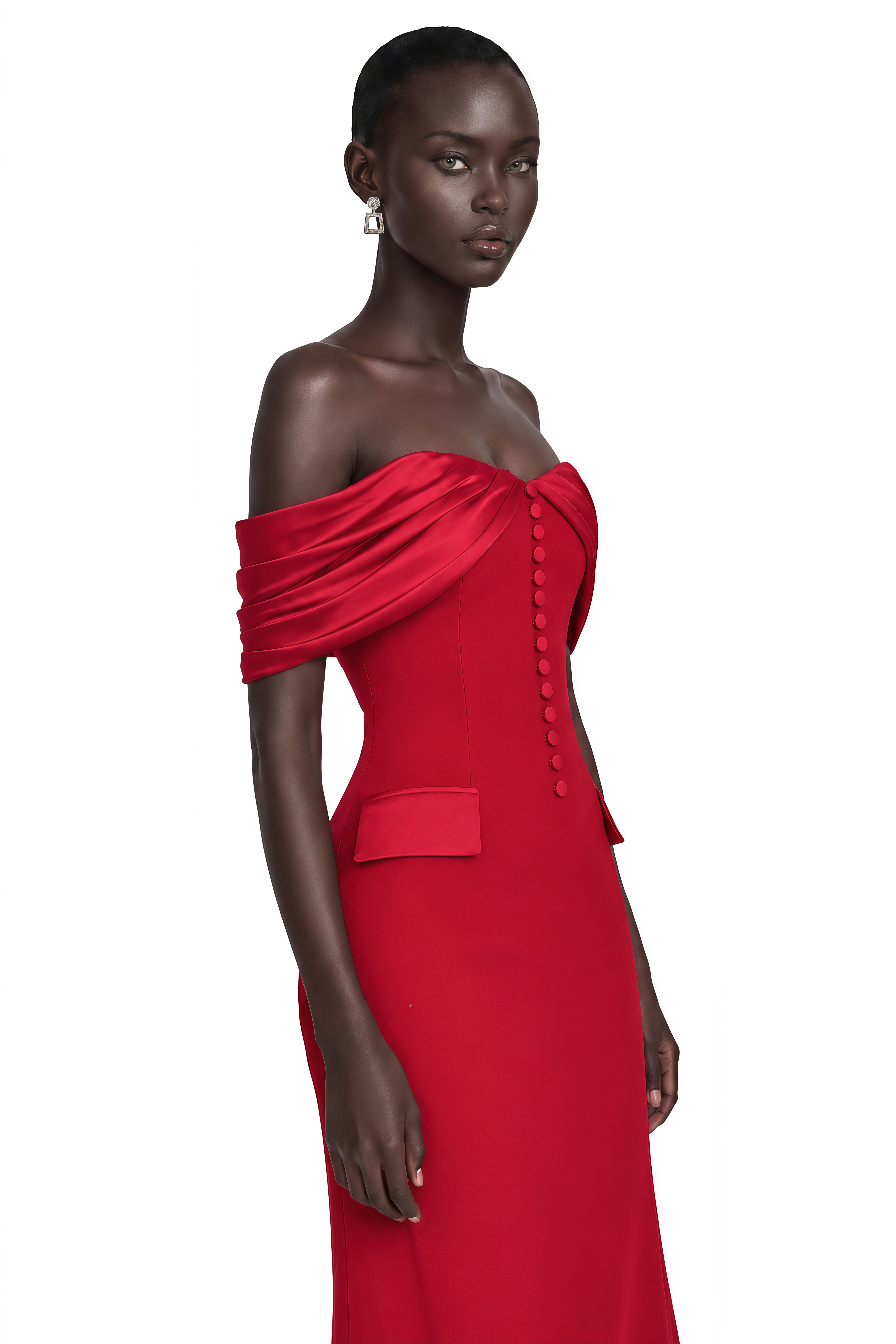 Demetria Red Off Shoulder Maxi Dress with Button Detail