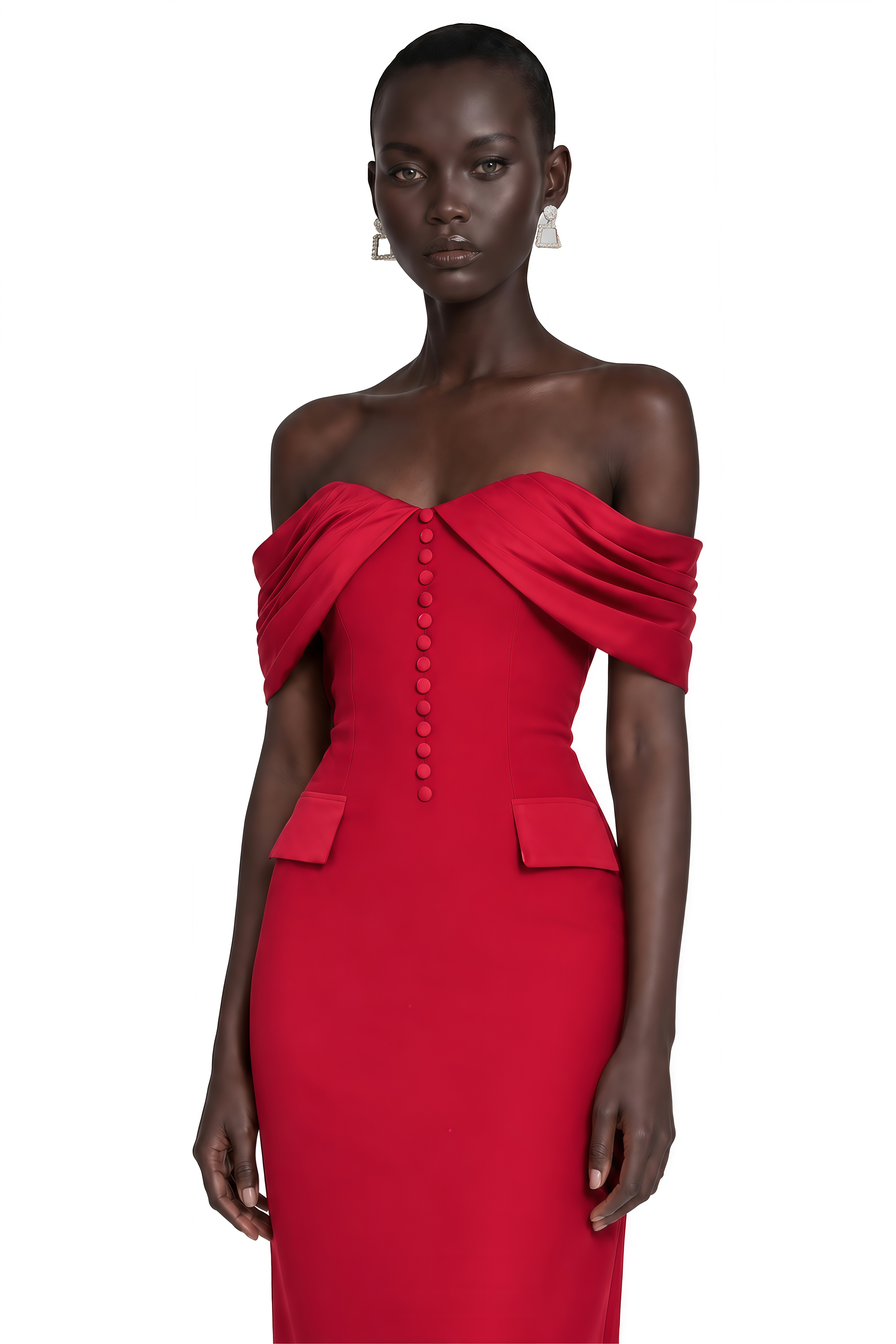 Demetria Red Off Shoulder Maxi Dress with Button Detail