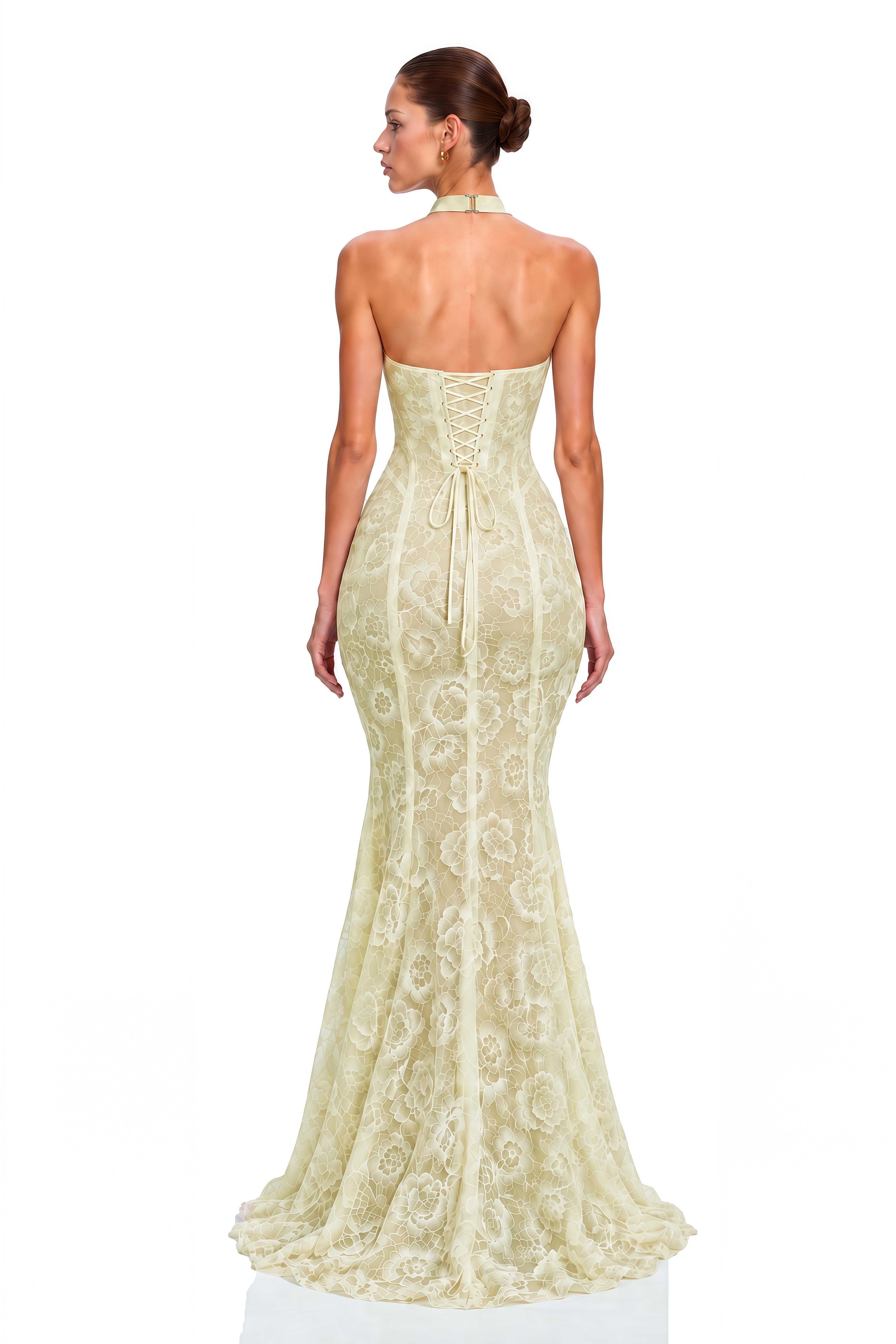 Dhara Green Lace Halterneck Corset Maxi Dress