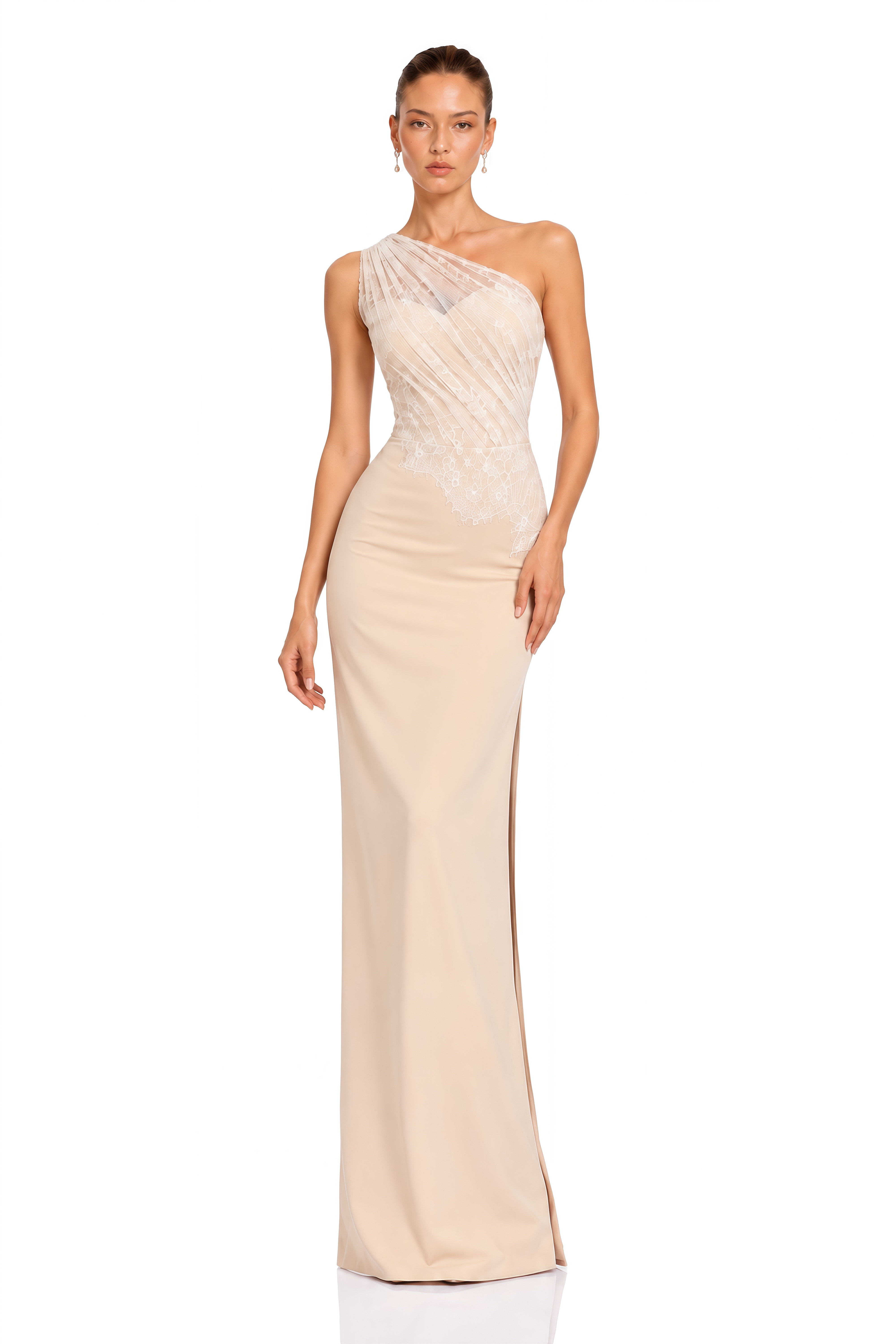 Dilara Champagne One Shoulder Lace Satin Maxi Dress